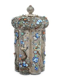 A Chinese Export Enameled Silver Tea Caddy