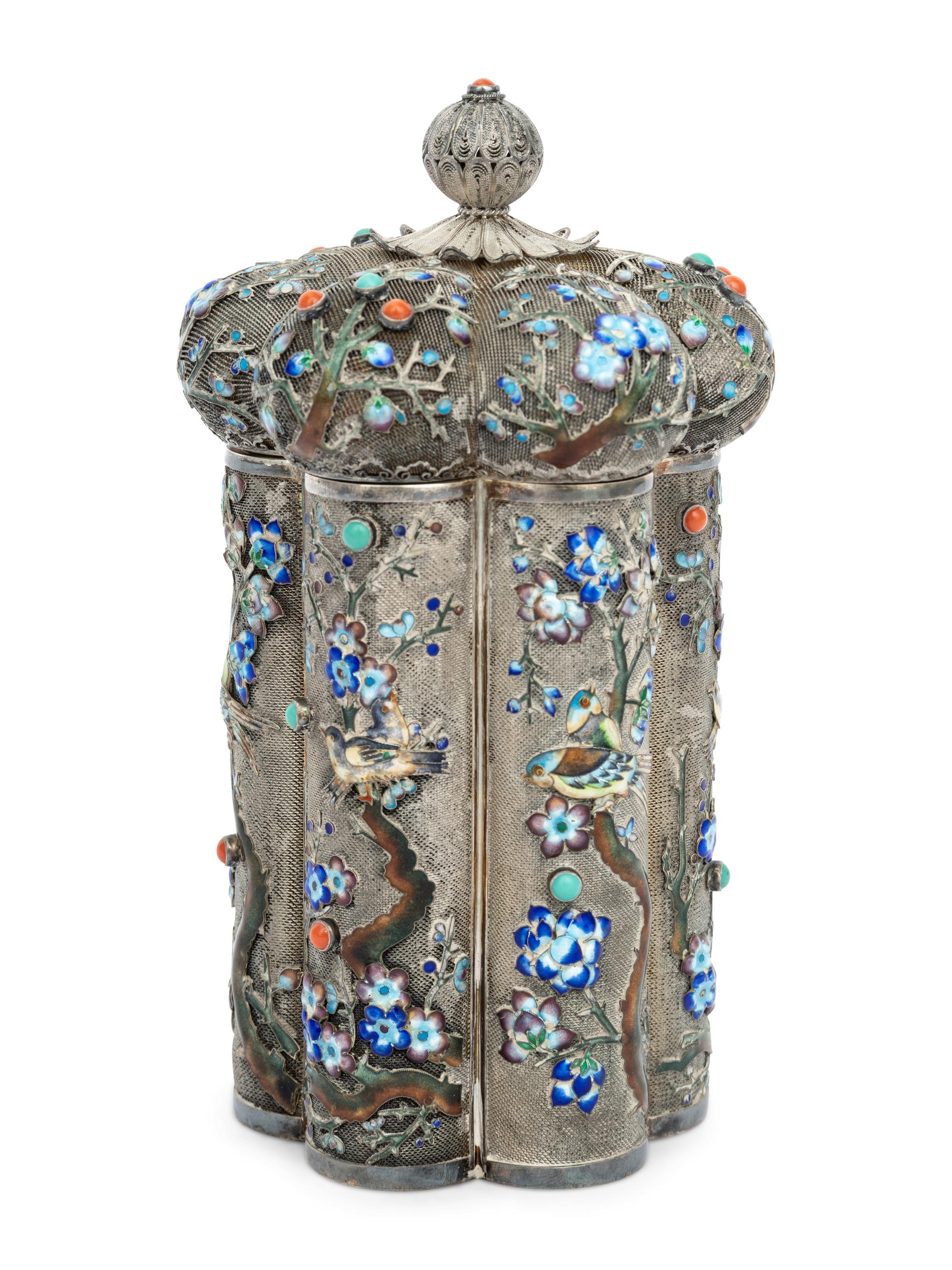 A Chinese Export Enameled Silver Tea Caddy
