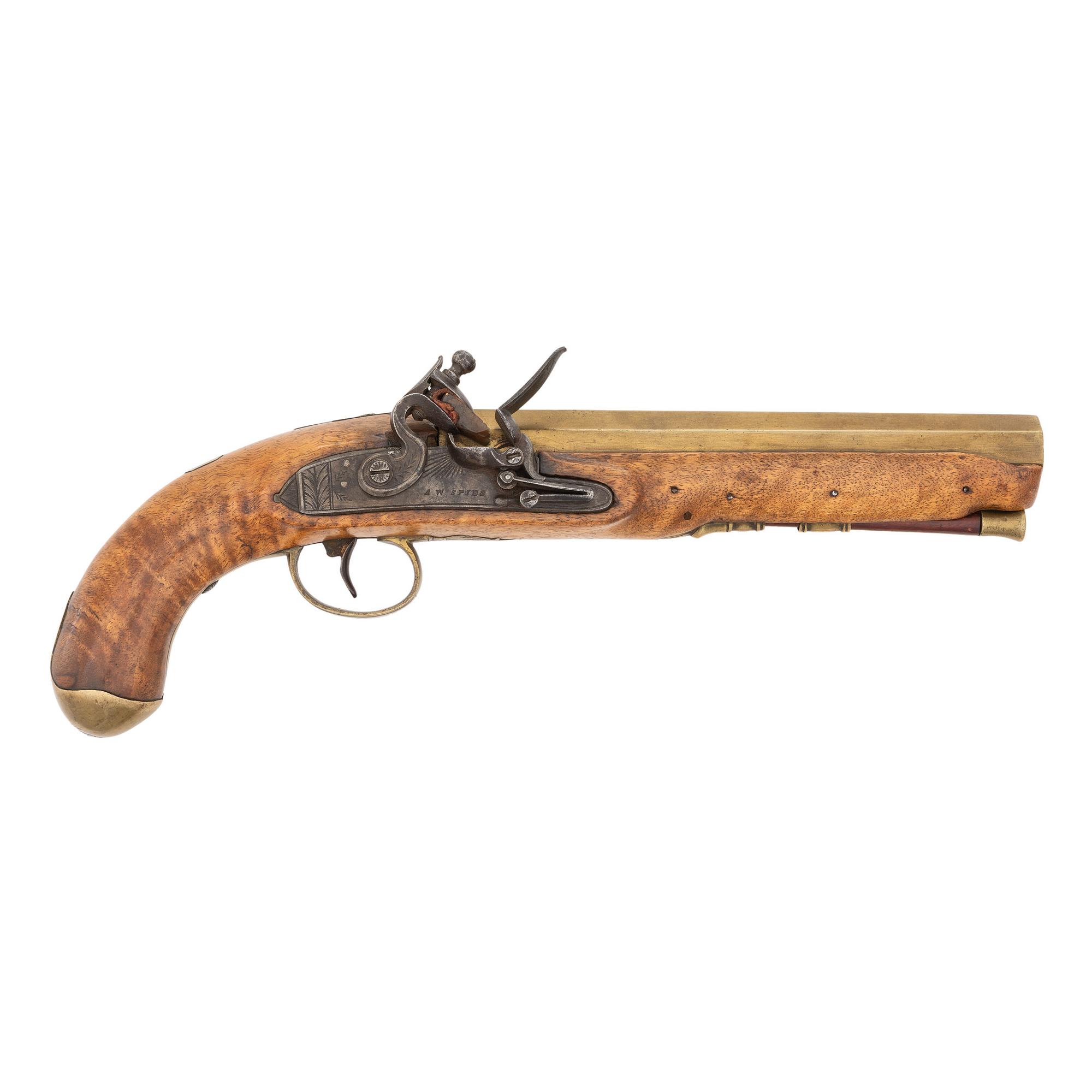 Brass Barreled Flintlock Trade Pistol Retailed by A.W. Spies with a Norfolk VA Capture Inscription