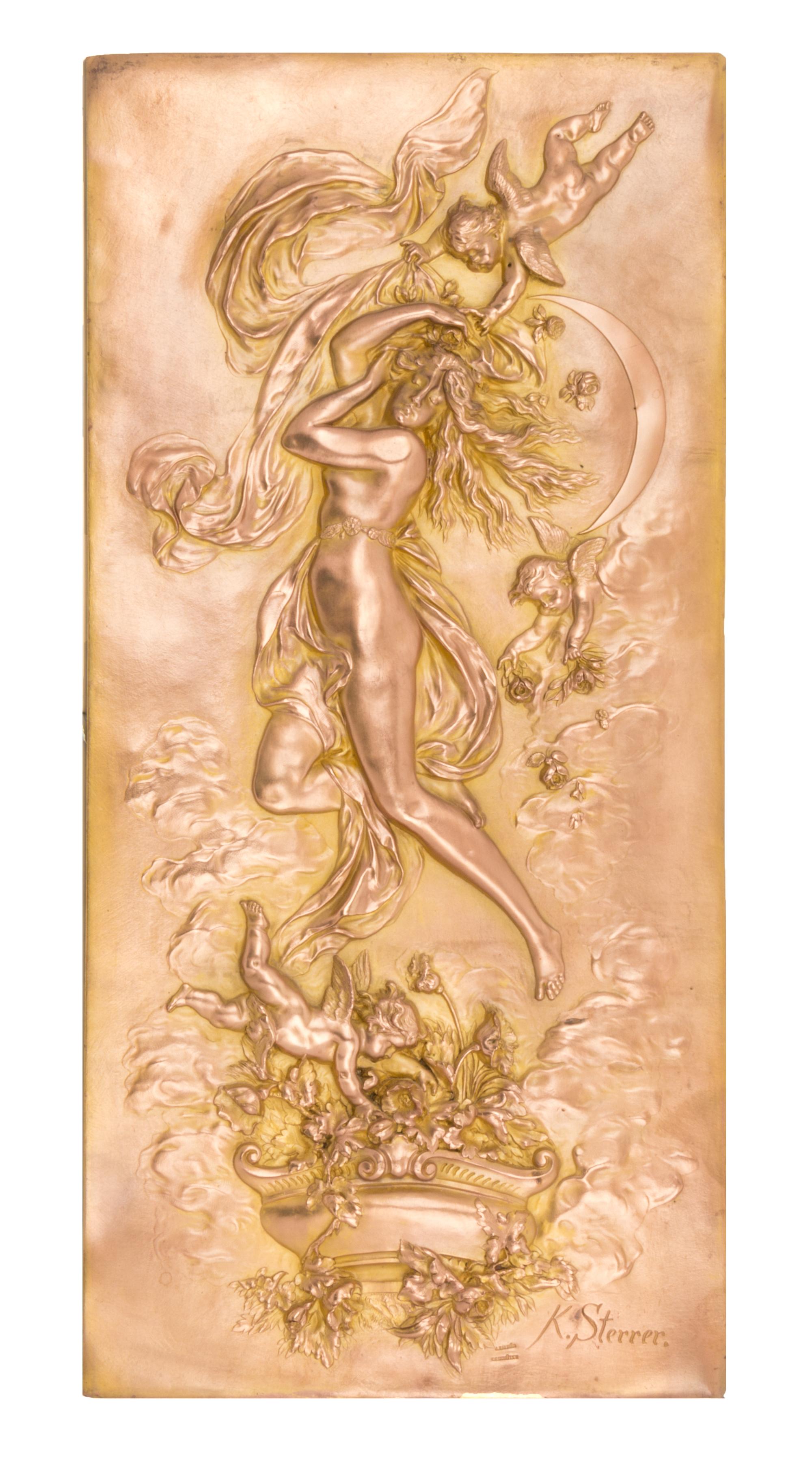 An Austrian Art Nouveau Gilt Metal Plaque, Karl Sterrer Height 21 1/2 x width 10 1/4 inches.