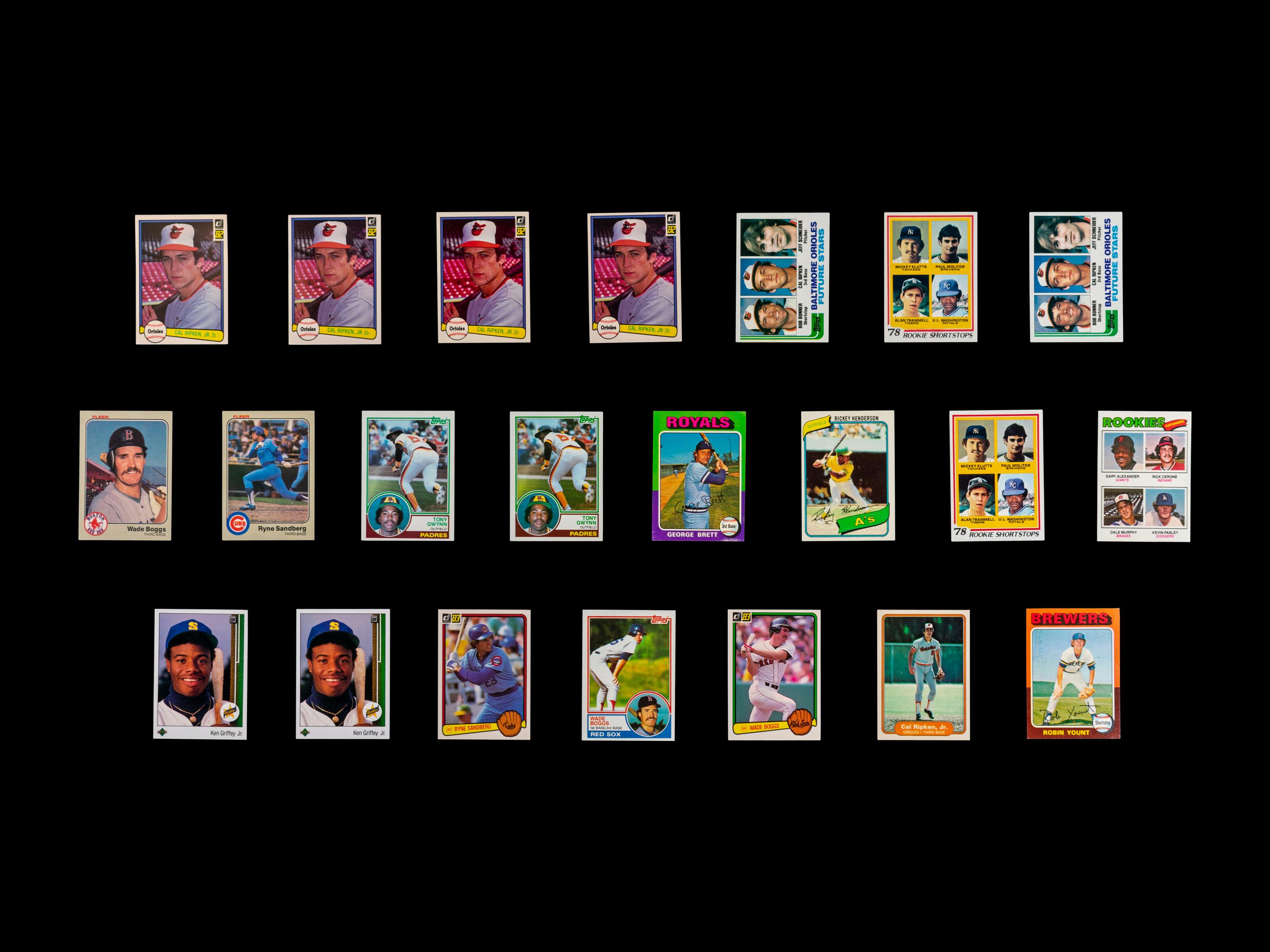 A Group of 22 Hall of Fame and Star Rookie Baseball Cards Including Cal Ripken Jr., Rickey Henderson and Ken Griffey Jr.,