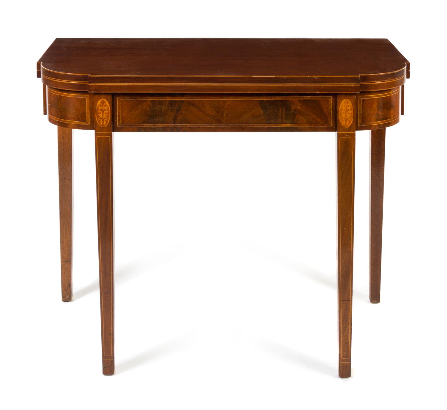 A Federal Style Fruitwood Inlaid Mahogany Flip Top Games Table Height 31 x width 38 inches.