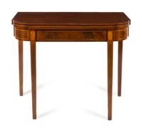 A Federal Style Fruitwood Inlaid Mahogany Flip Top Games Table Height 31 x width 38 inches.