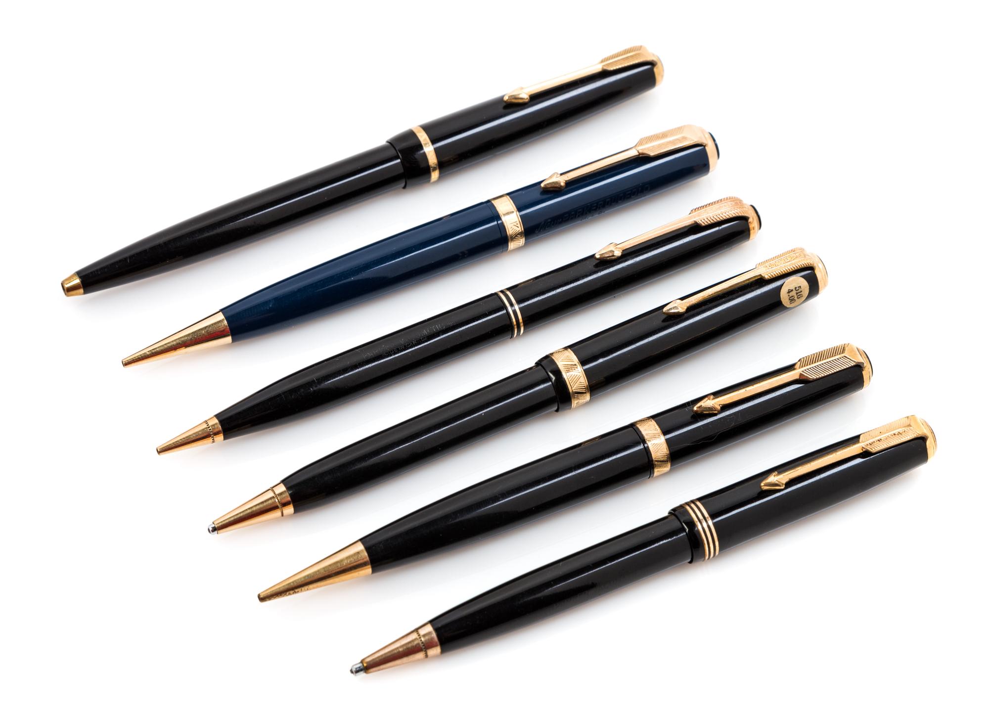 A Group of Seven Parker Mechanical Pencils Length of longest 5 inches.