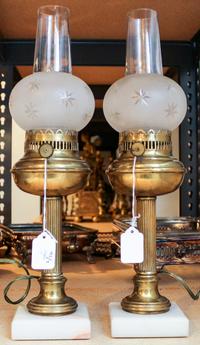A Pair of American Brass, Marble and Glass Fluid Lamps Height 16 3/4 inches. — 19TH CENTURY