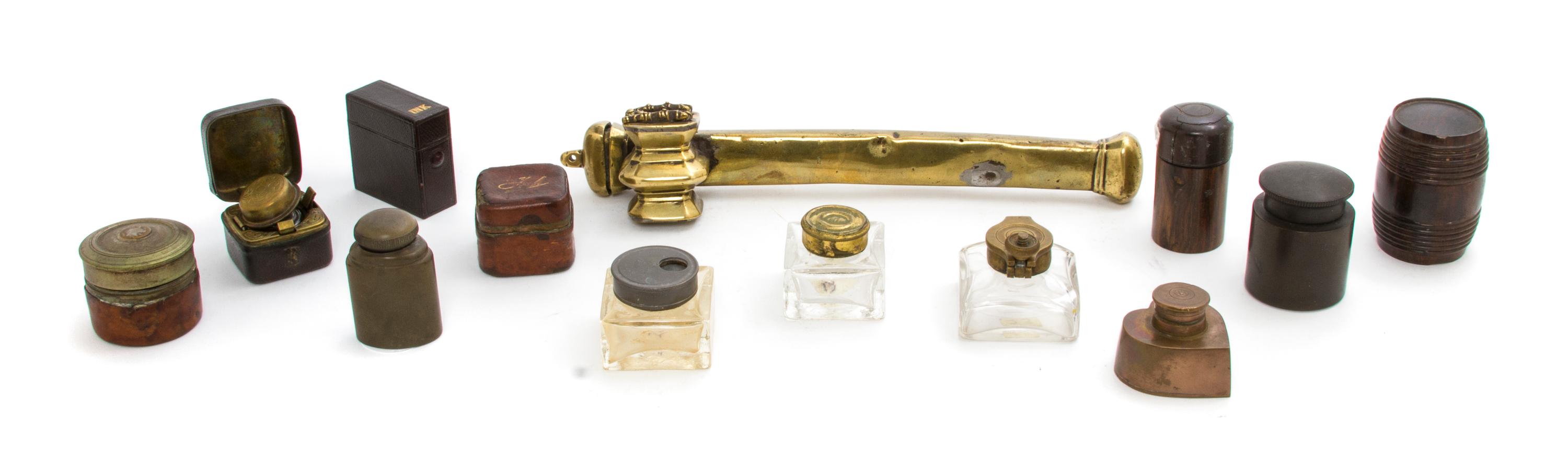 A Collection of Twelve Traveling Inkwells, Width of widest 9 1/2 inches.