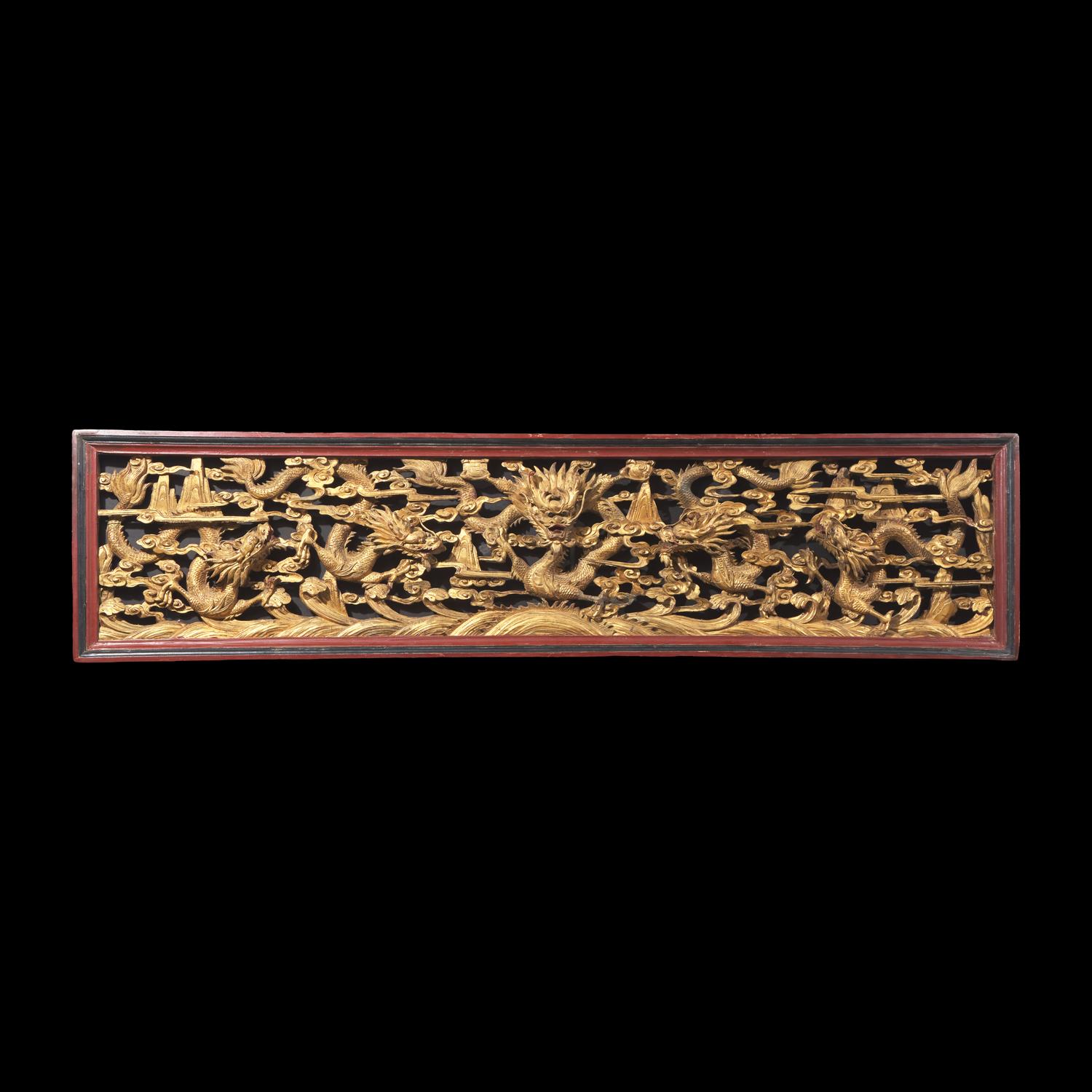 A Chinese Gilt Lacquered Wood 'Dragons' Openwork Panel 木漆金龍紋鏤雕花板
