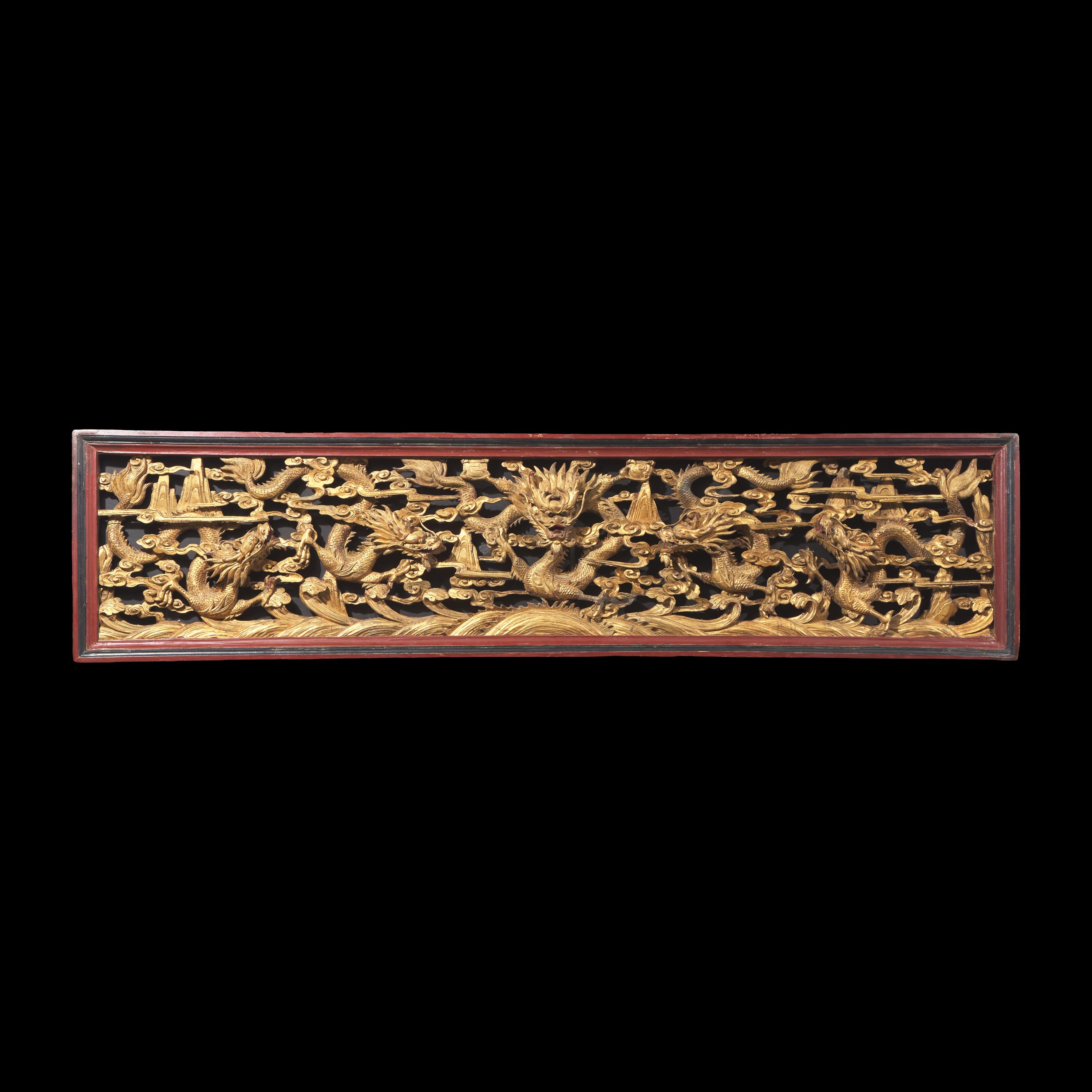 A Chinese Gilt Lacquered Wood 'Dragons' Openwork Panel 木漆金龍紋鏤雕花板