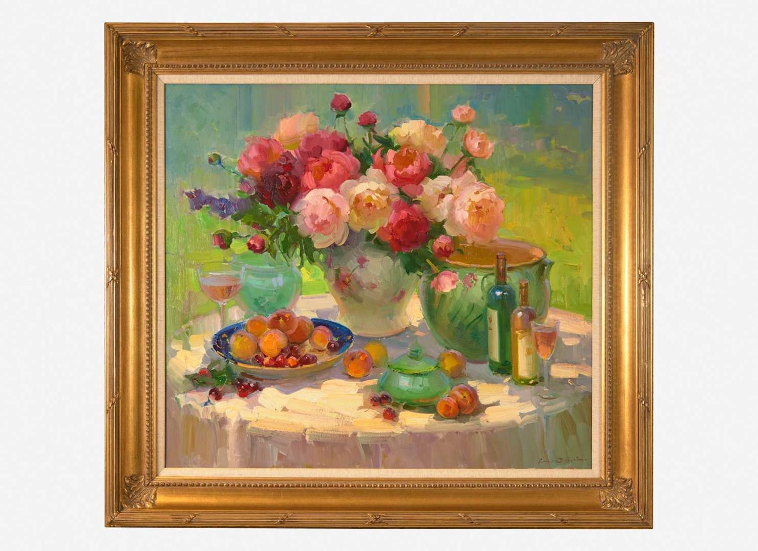 Ovanes Berberian (Russian, B. 1951) - Outdoor Still Life With Roses And Peonies