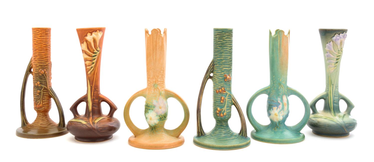 Three Pairs of Roseville Bud Vases Height of tallest pair 7 1/2 inches.