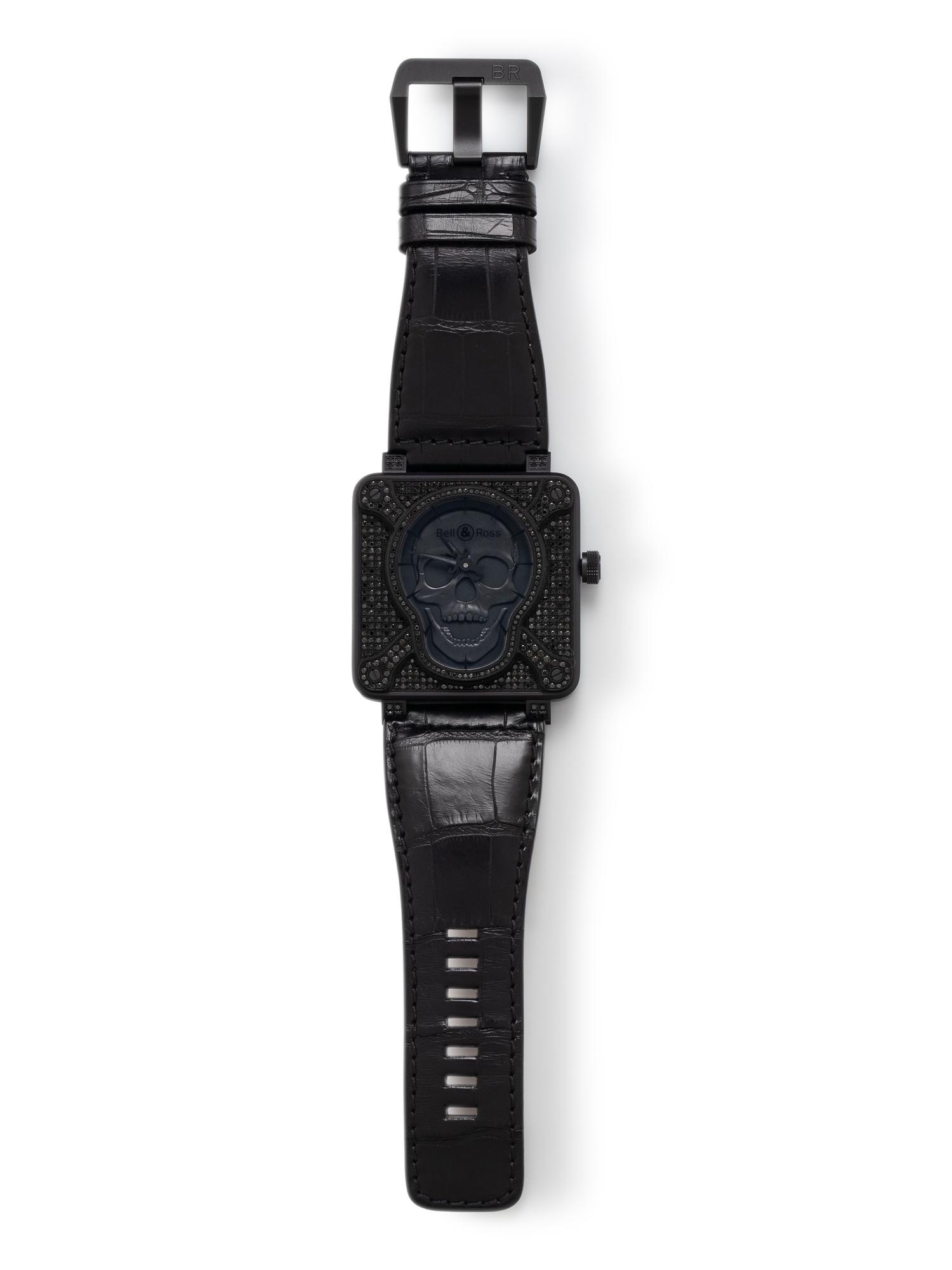 BELL & ROSS, STAINLESS STEEL 'BR 01 SKULL FULL BLACK DIAMOND' LIMITED EDITION PIECE UNIQUE-GLEN DE VRIES WATCH