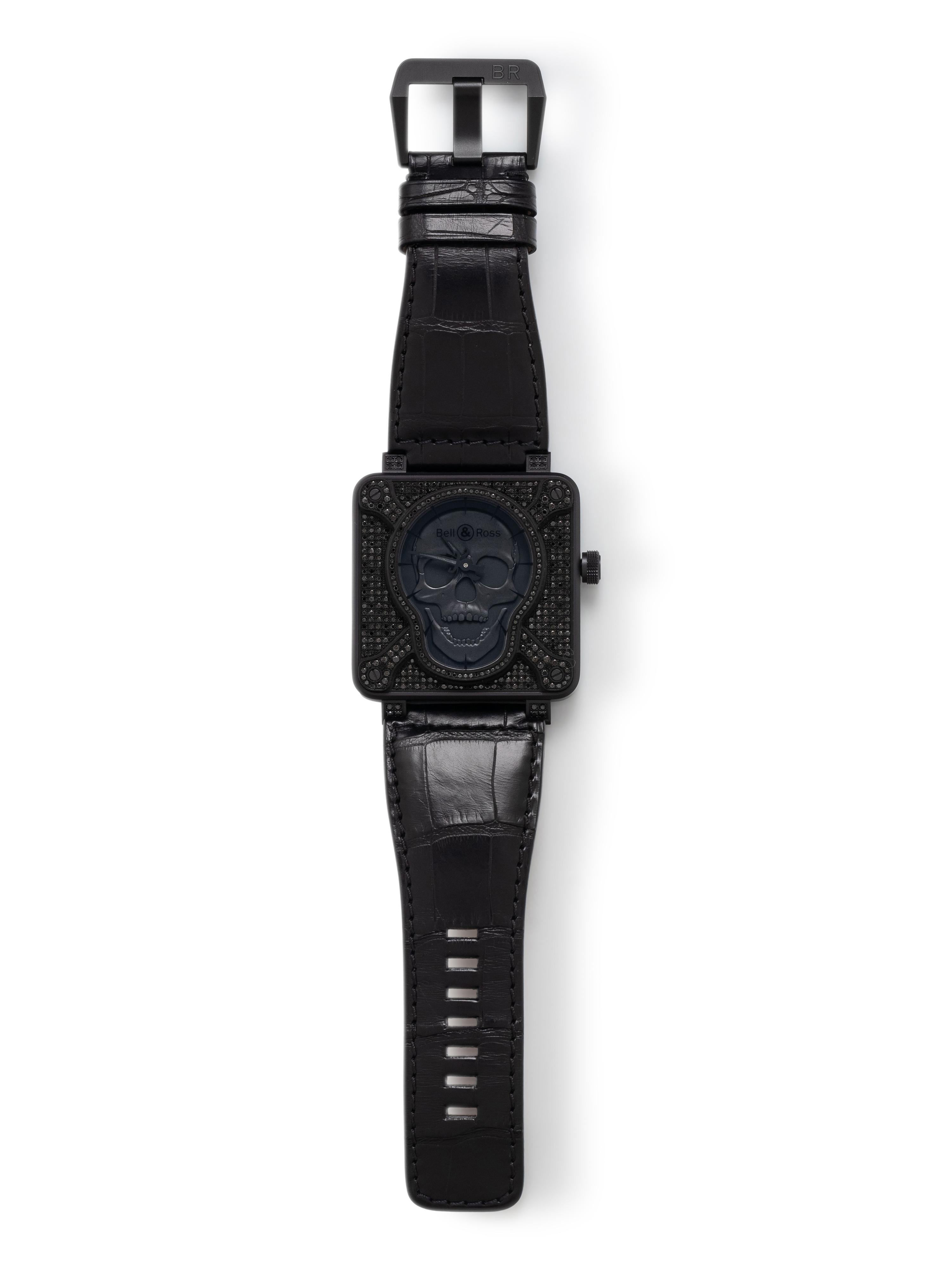 BELL & ROSS, STAINLESS STEEL 'BR 01 SKULL FULL BLACK DIAMOND' LIMITED EDITION PIECE UNIQUE-GLEN DE VRIES WATCH