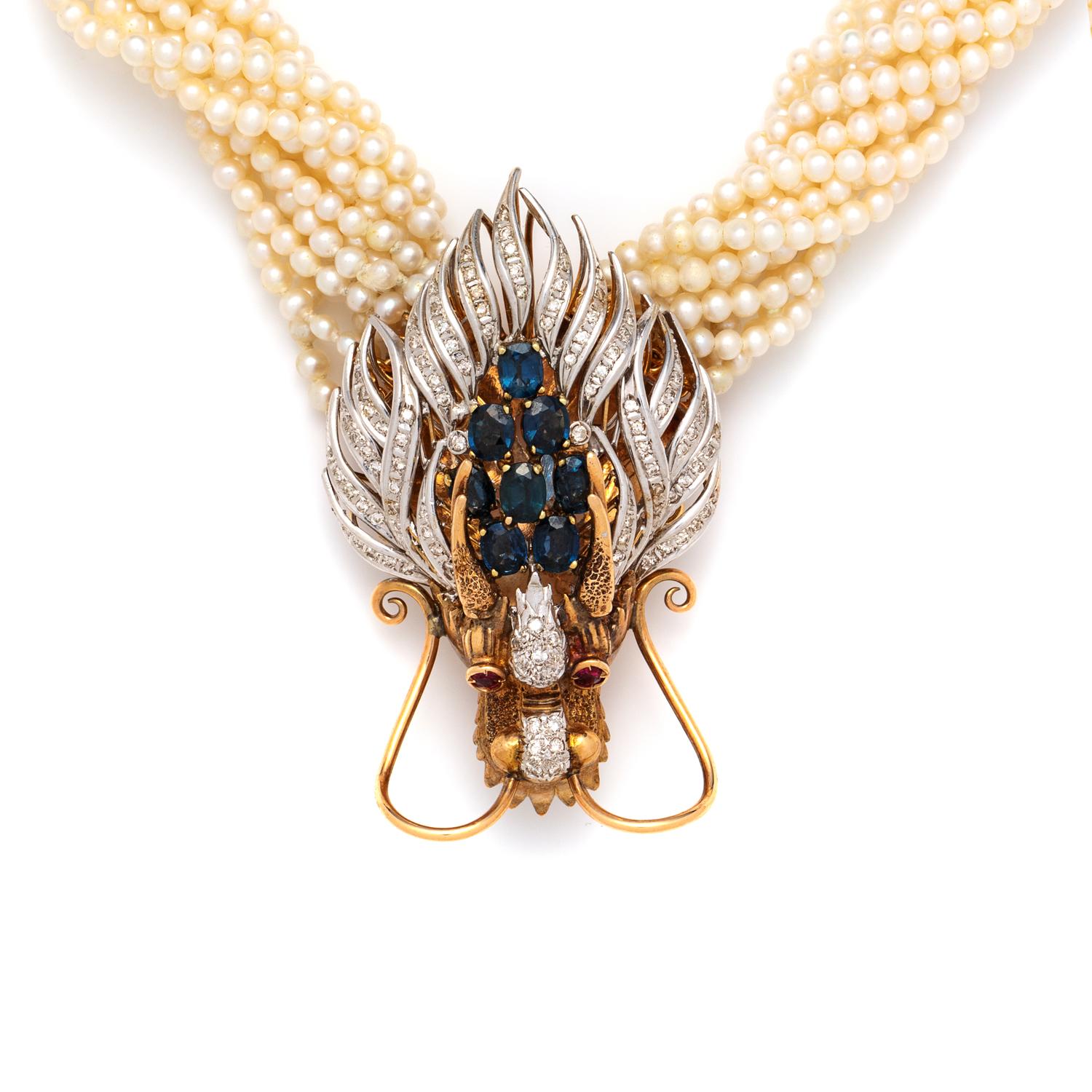 CULTURED PEARL, SAPPHIRE AND DIAMOND TORSADE NECKLACE