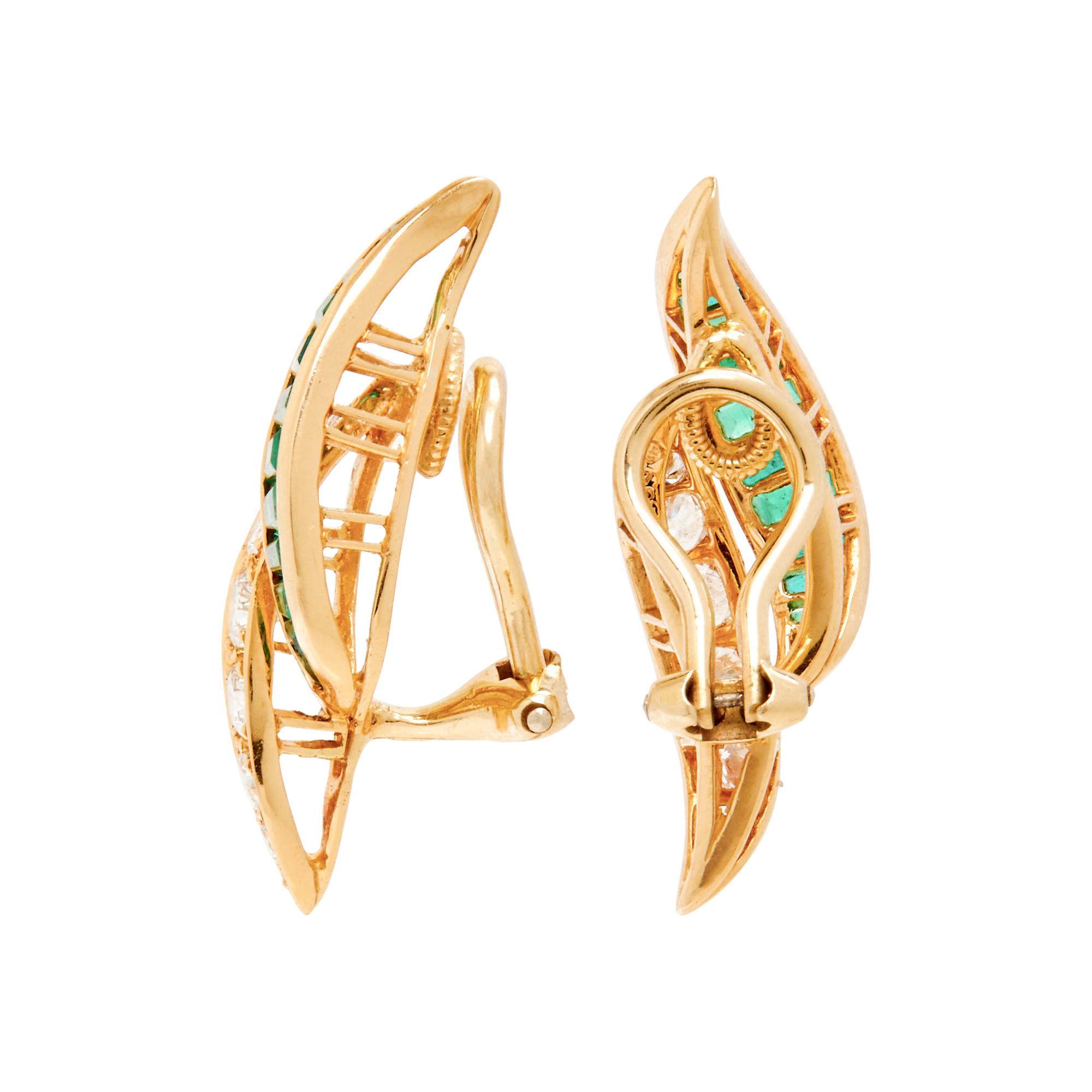 YELLOW GOLD, SYNTHETIC EMERALD, AND DIAMOND CLIP EARRINGS AND SLIDER CHARM