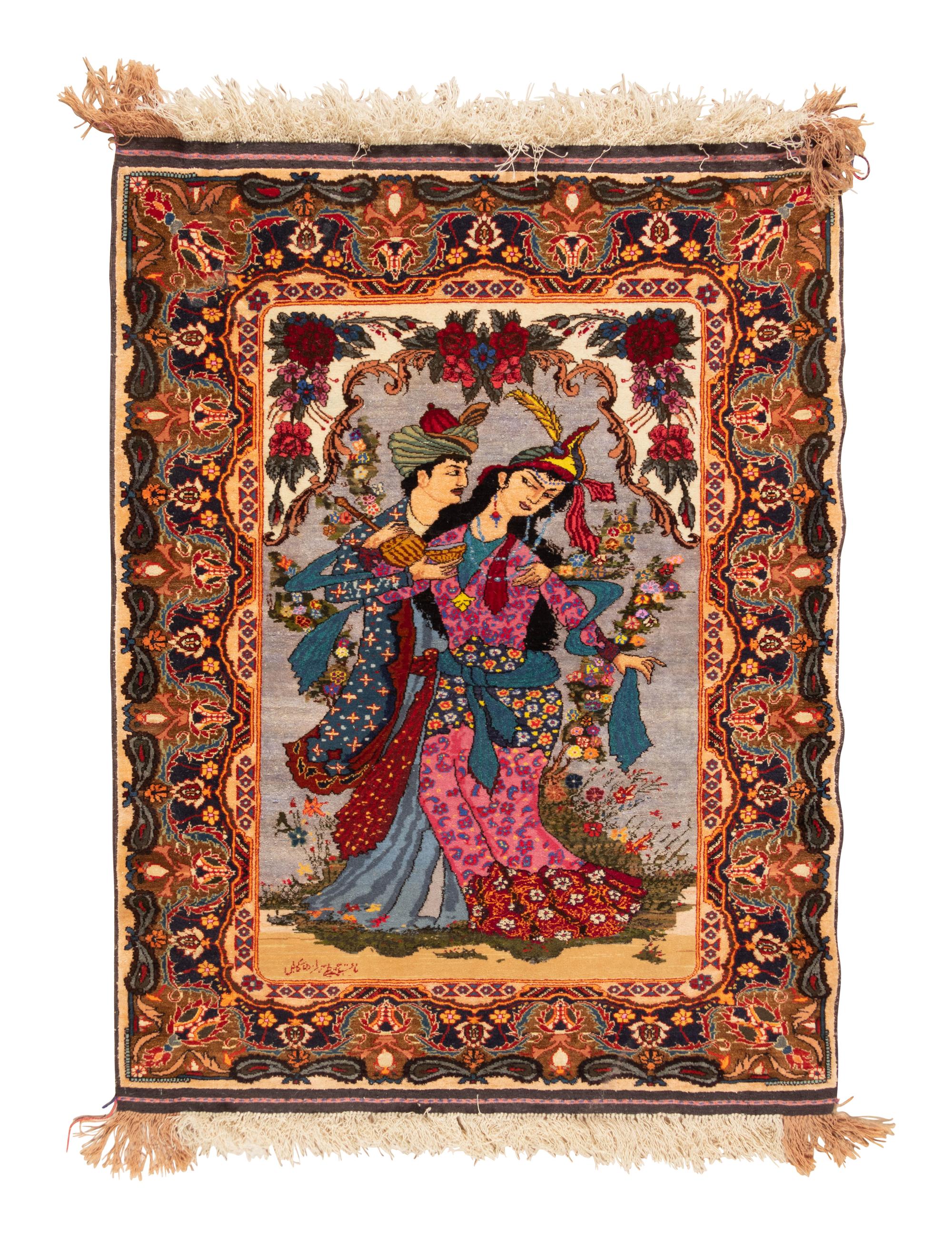 A Tabriz Wool and Silk Signed Pictorial Rug