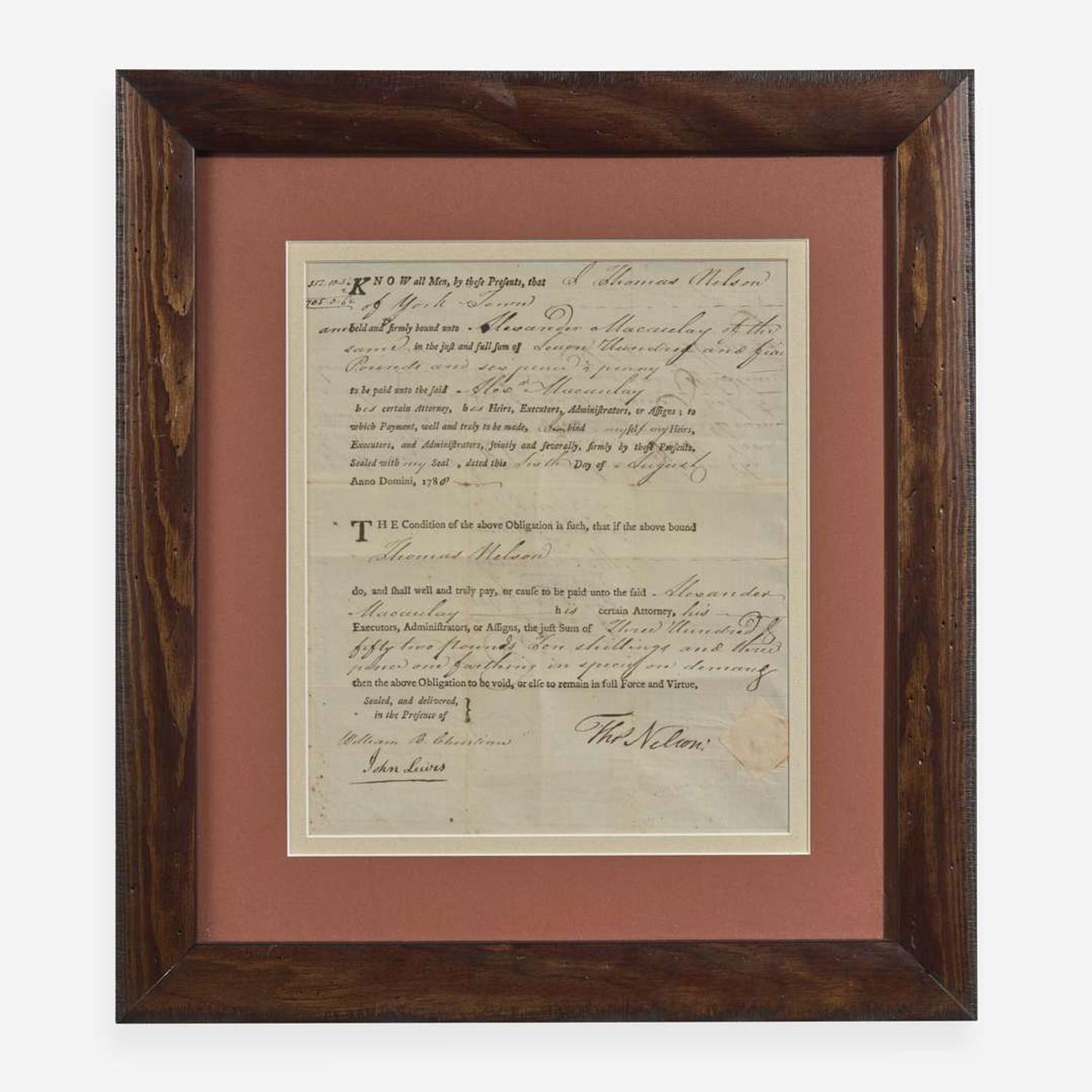 [Declaration of Independence] [Virginia] Nelson, Thomas, Jr. Partially-Printed Document, signed