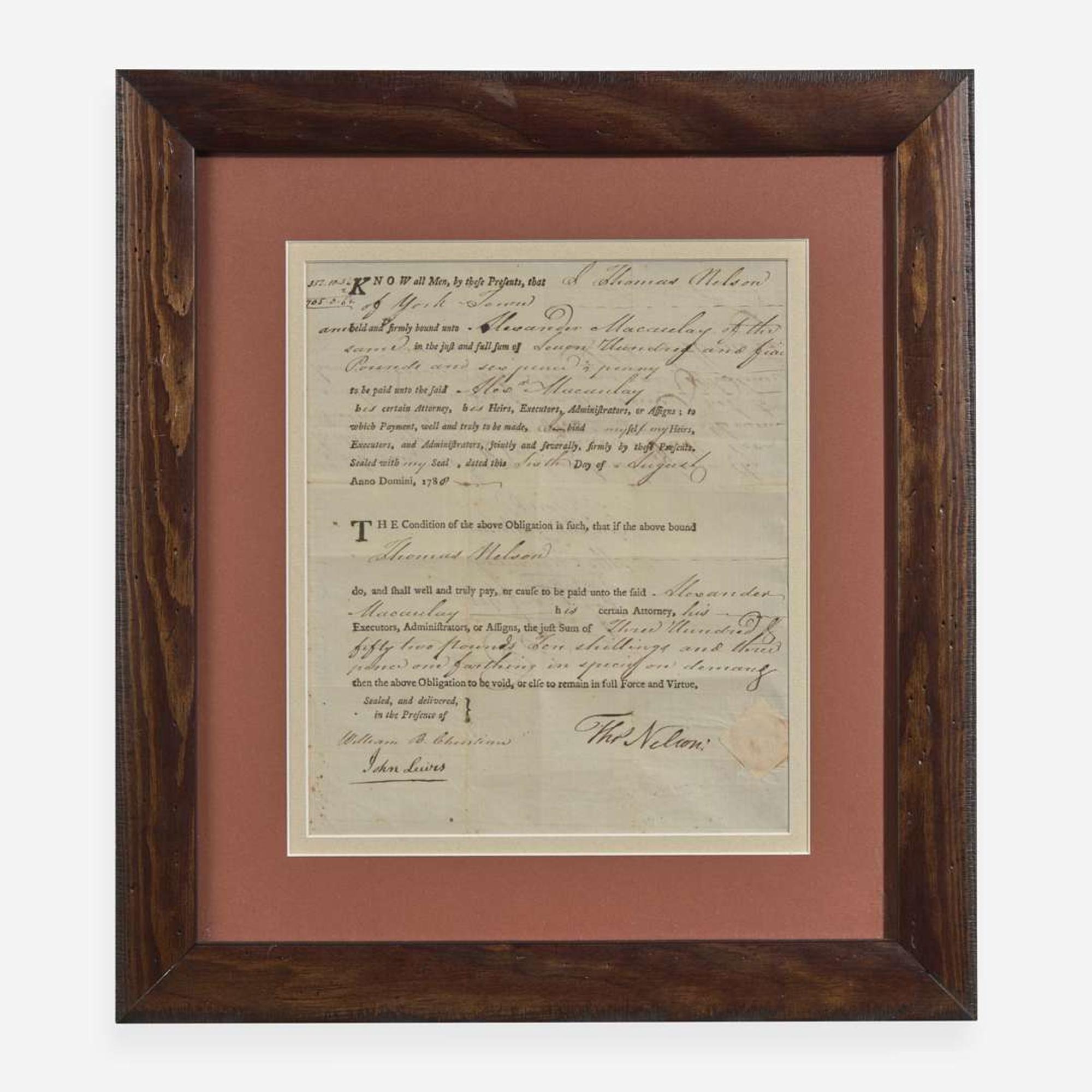 [Declaration of Independence] [Virginia] Nelson, Thomas, Jr. Partially-Printed Document, signed