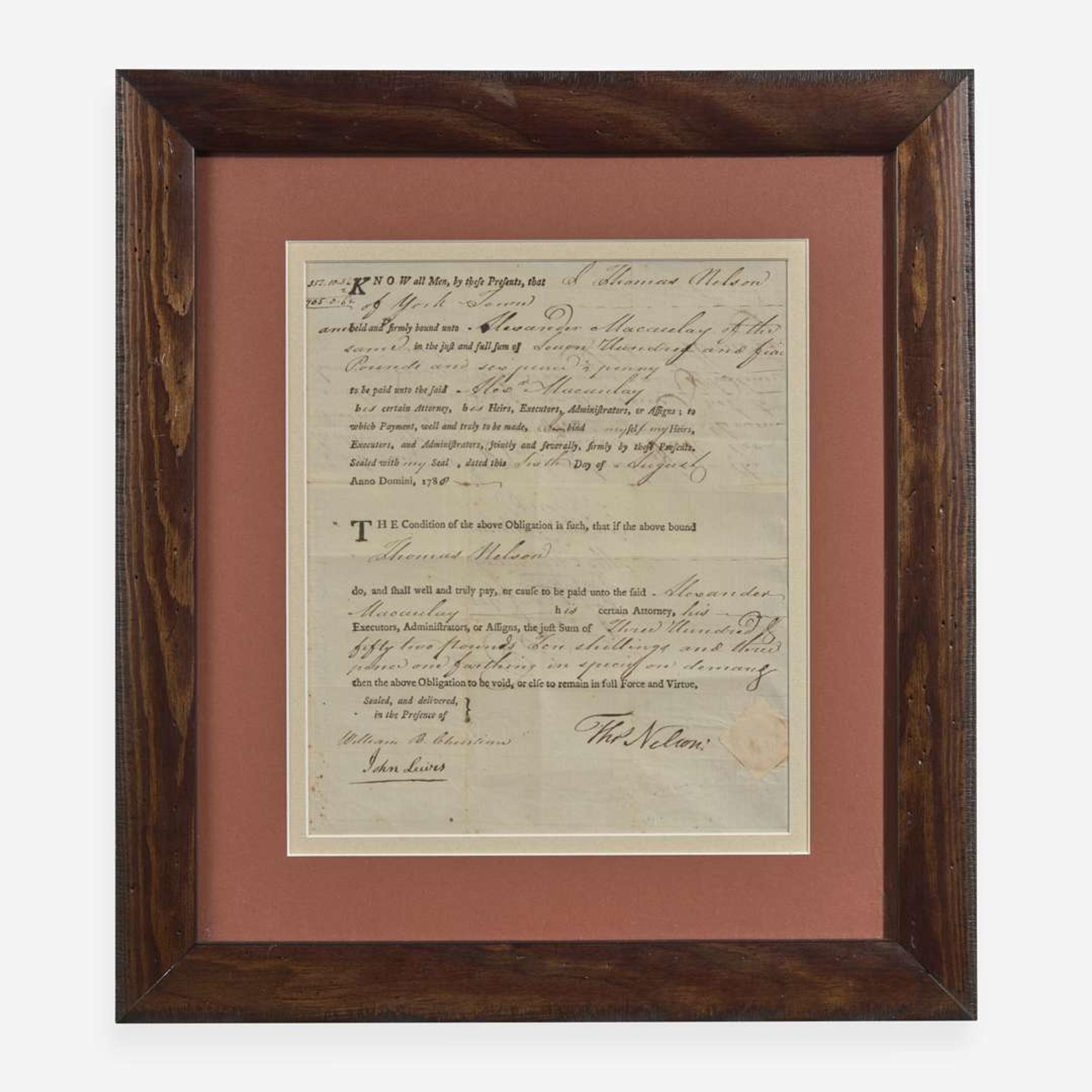 [Declaration of Independence] [Virginia] Nelson, Thomas, Jr. Partially-Printed Document, signed
