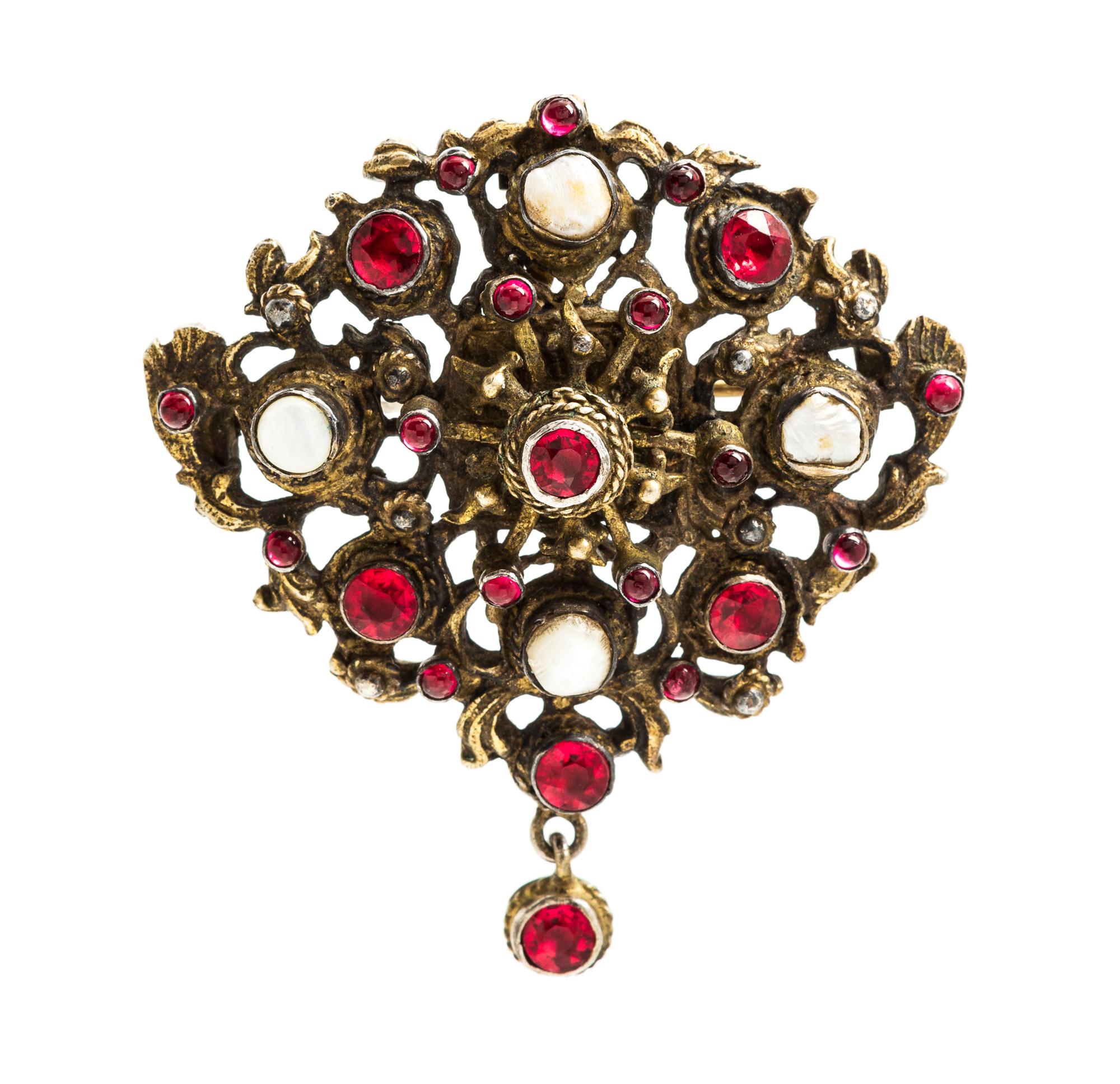 An Antique Gilt Silver, Pearl and Paste Pendant/Brooch, 14.80 dwts.