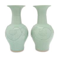 A Pair of Chinese Longquan- Style Celadon Glazed Porcelain Vases