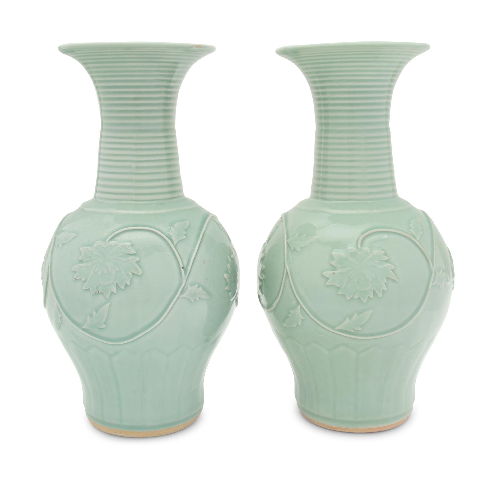 A Pair of Chinese Longquan- Style Celadon Glazed Porcelain Vases