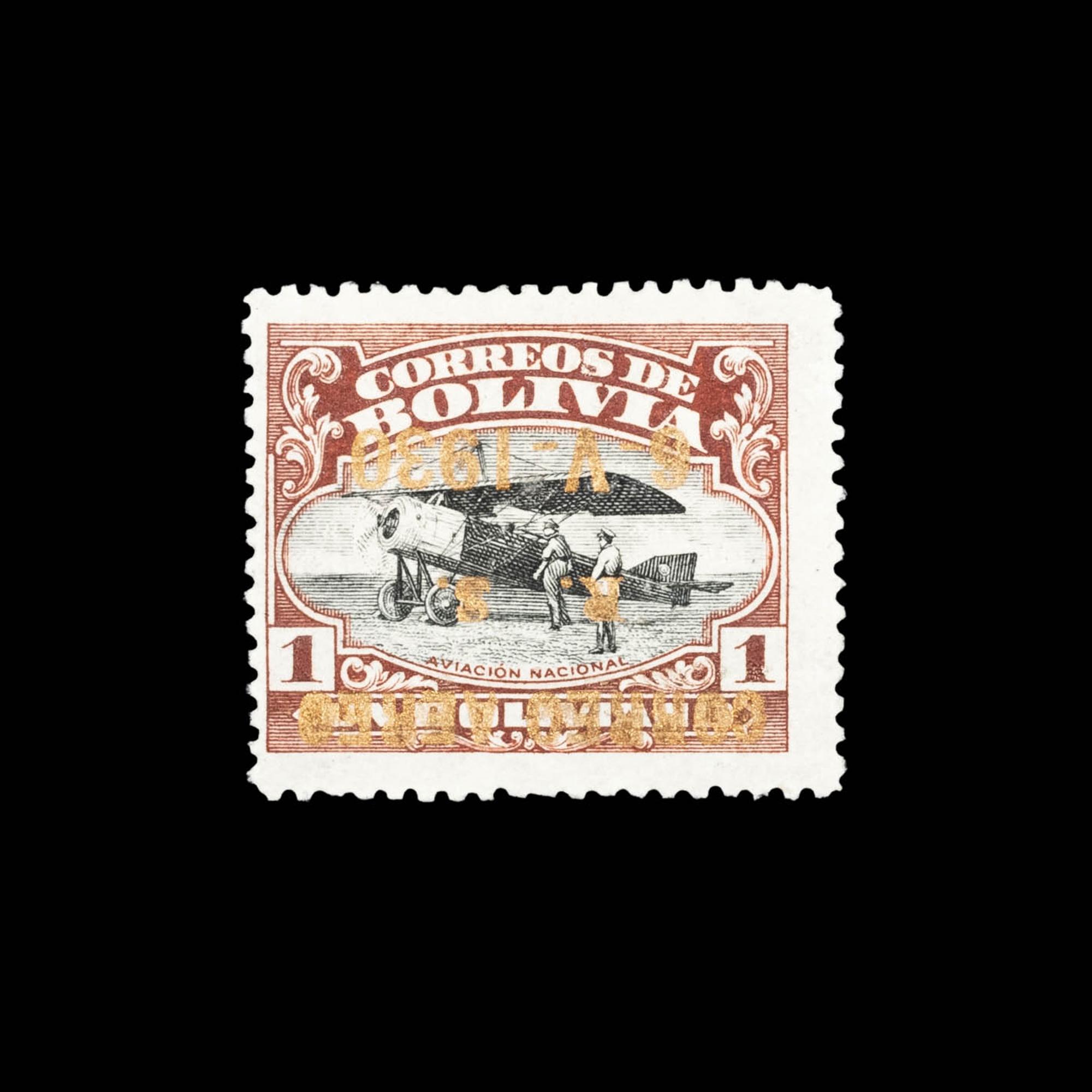 [SURCHARGE ERROR] BOLIVIA. Airmail. 1930. 1b. Red-Brown & Black with Gold Surcharge, (#C23a), Inverted Surcharge
