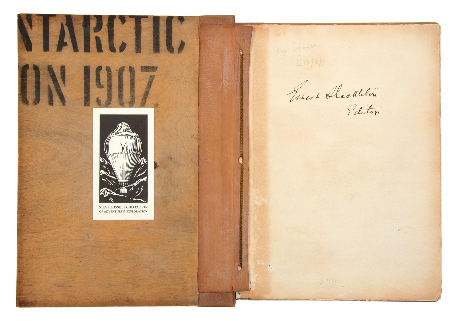 SHACKLETON, Ernest Henry, Sir (1874-1922). Aurora Australis . Printed at the Winter Quarters of the British Antarctic Expedition, 1907, During the Winter Months of April, May, June, July, 1908. Illustrated with Lithographs and Etchings; by George Marston . Antarctica: Printed at the Sign of the 'Penguins'; by Joyce and Wild. Latitude 77 deg. 32' South Longitude 166 deg. 12' East, 1908.