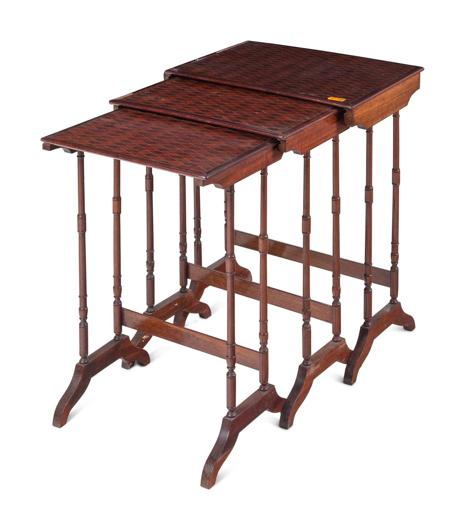 A Set of Three Regency Style Satinwood Inlaid Mahogany and Parquetry Nesting Tables