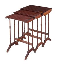 A Set of Three Regency Style Satinwood Inlaid Mahogany and Parquetry Nesting Tables