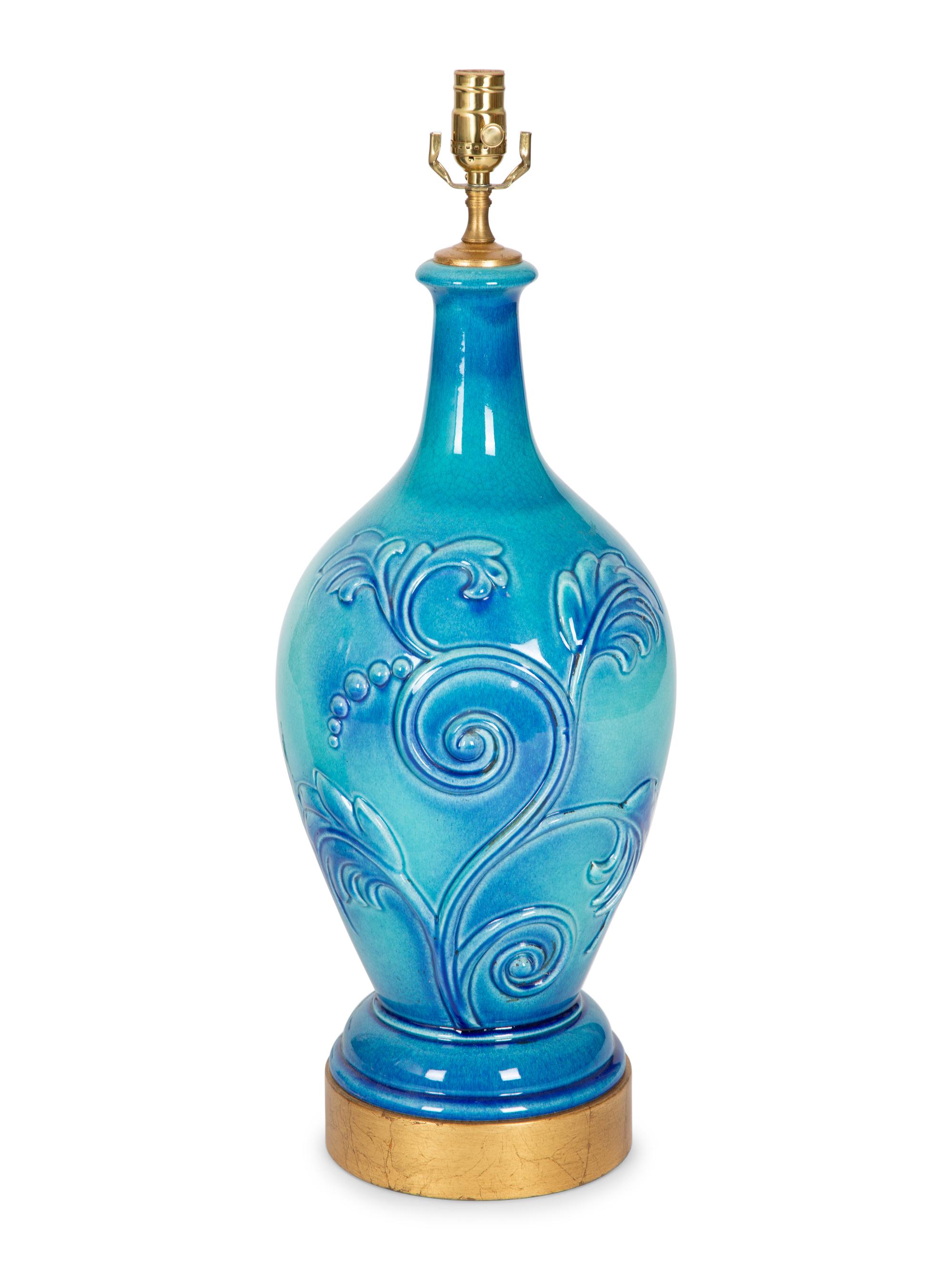 Two Blue Glazed Pottery Vases Mounted as Lamps — 20TH CENTURY