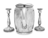 An American Silver Trophy Pitcher and Associated Pair of Silver Candlesticks