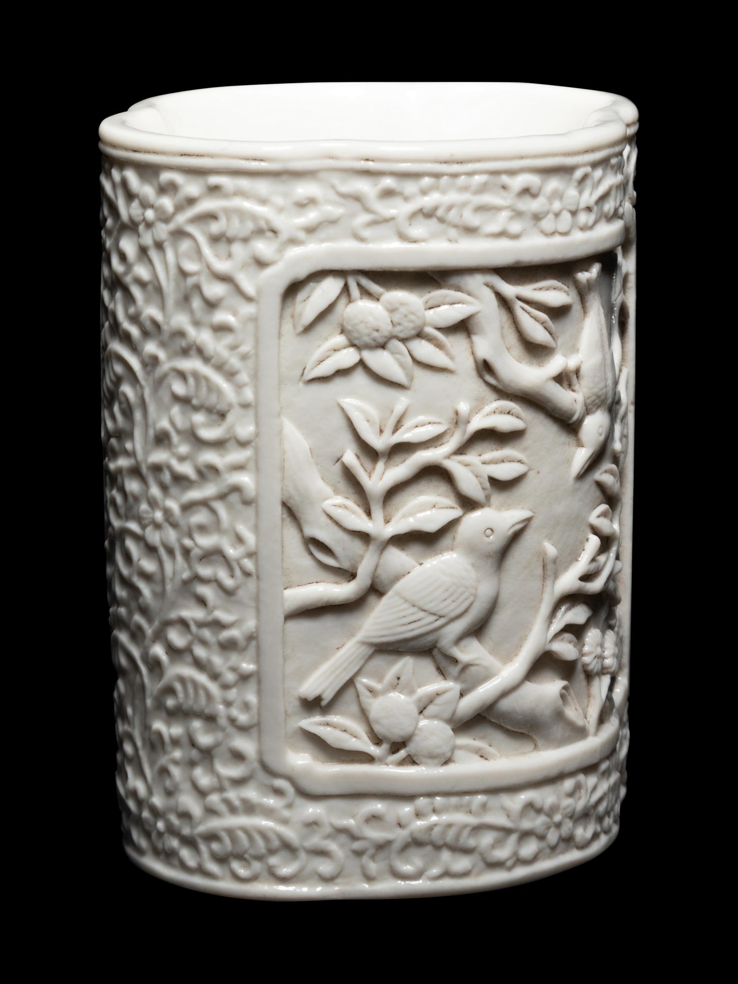 A Chinese Blanc-de-Chine Molded Porcelain Brushpot