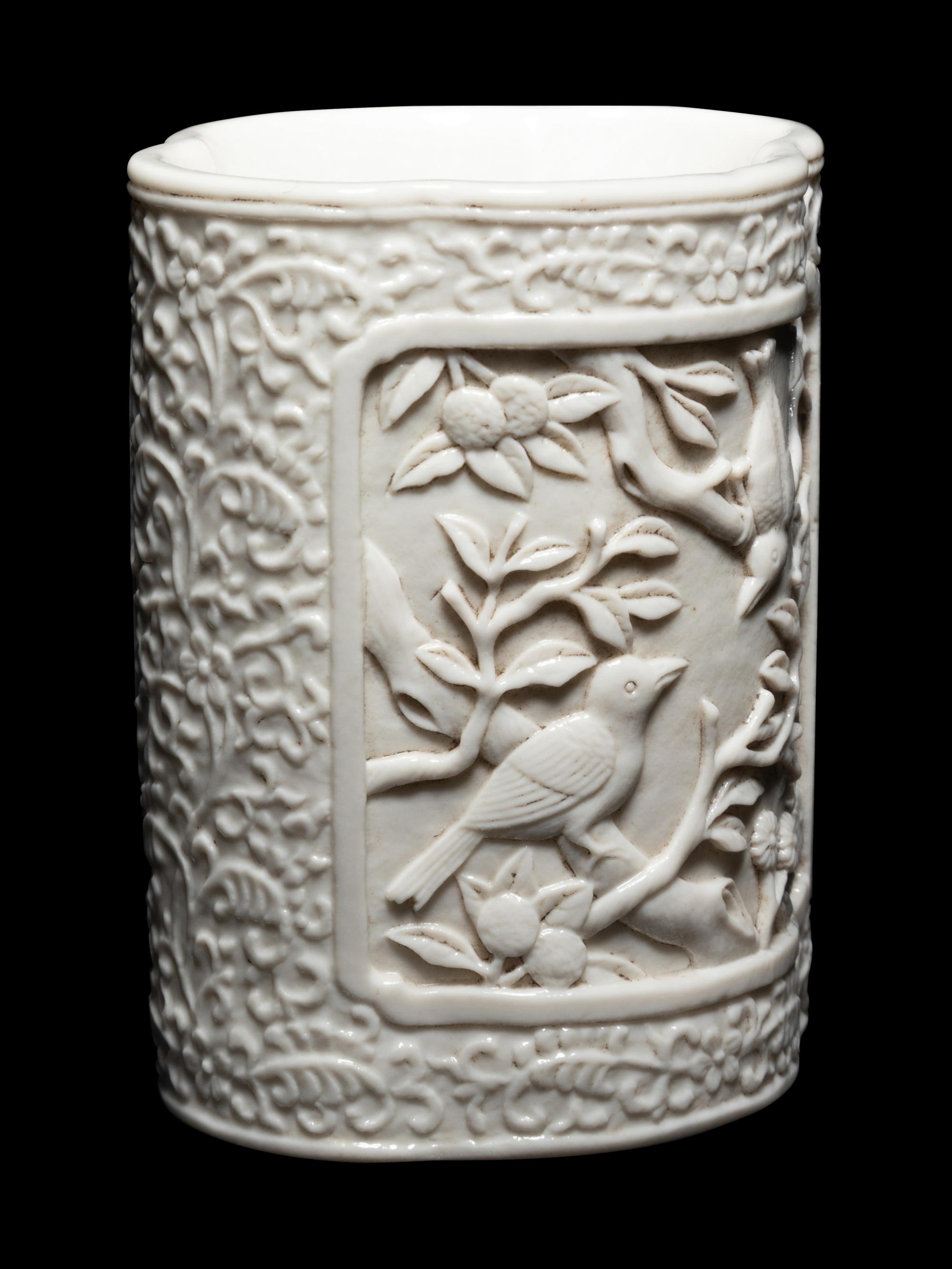 A Chinese Blanc-de-Chine Molded Porcelain Brushpot