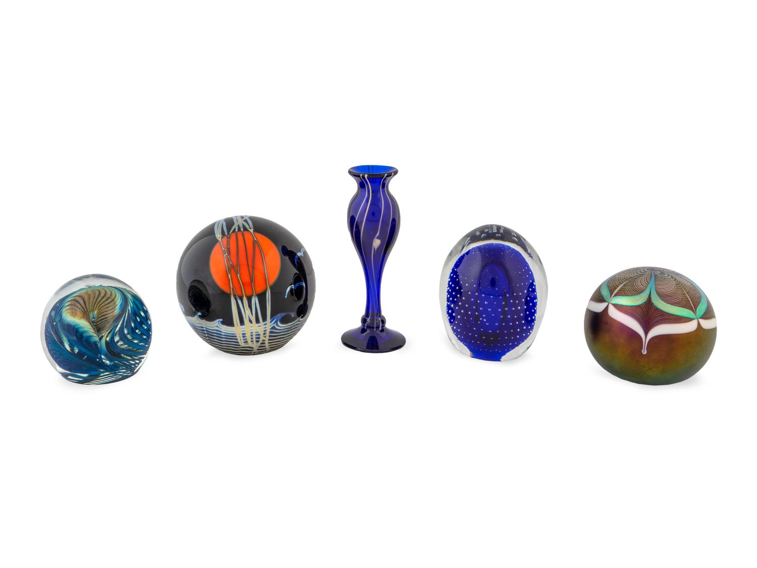 A Group of Four Art Glass Paper Weights and a Bud Vase — 20TH CENTURY