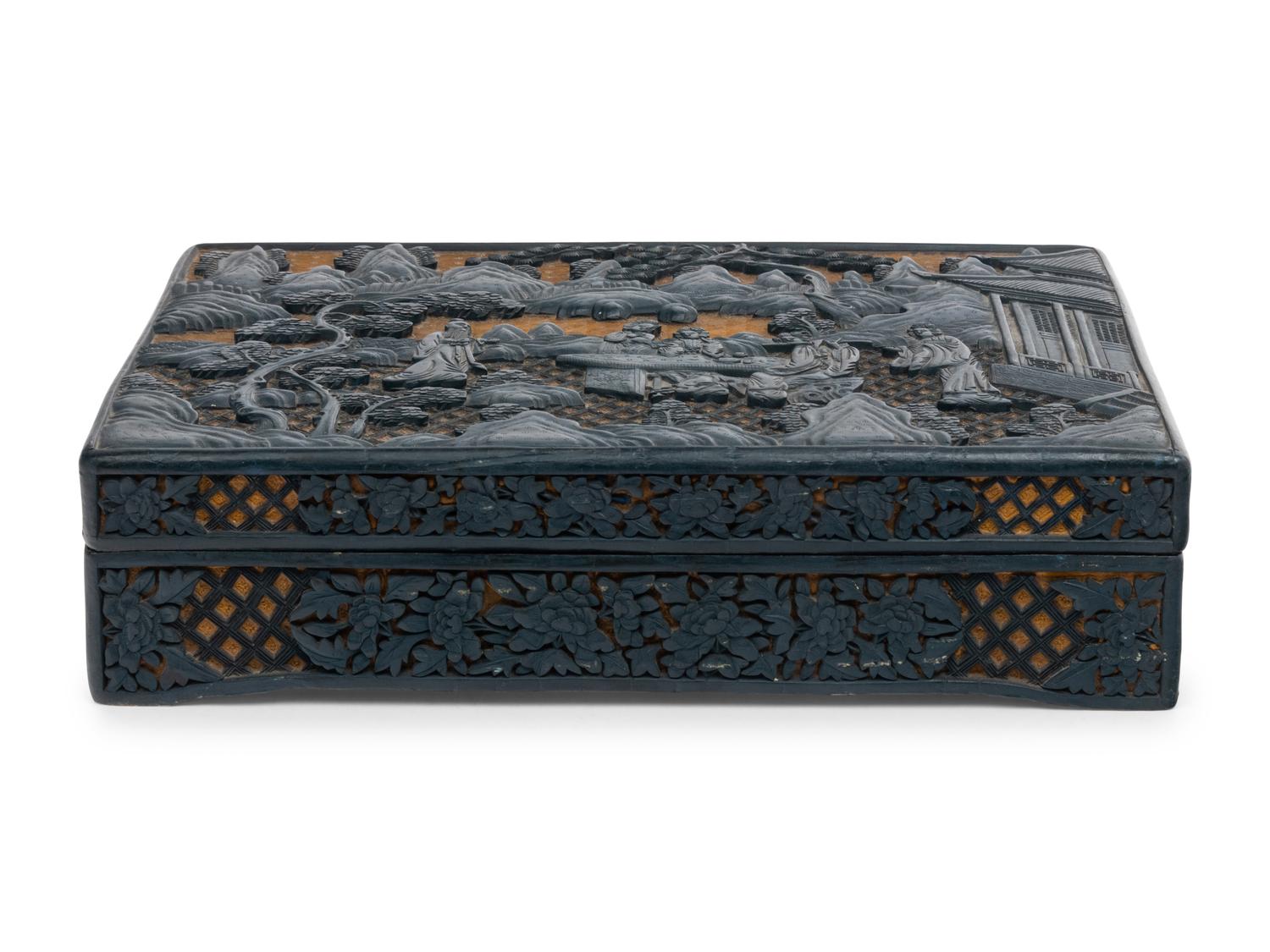 A Chinese Carved Green and Yellow Lacquered Rectangular Box and Cover