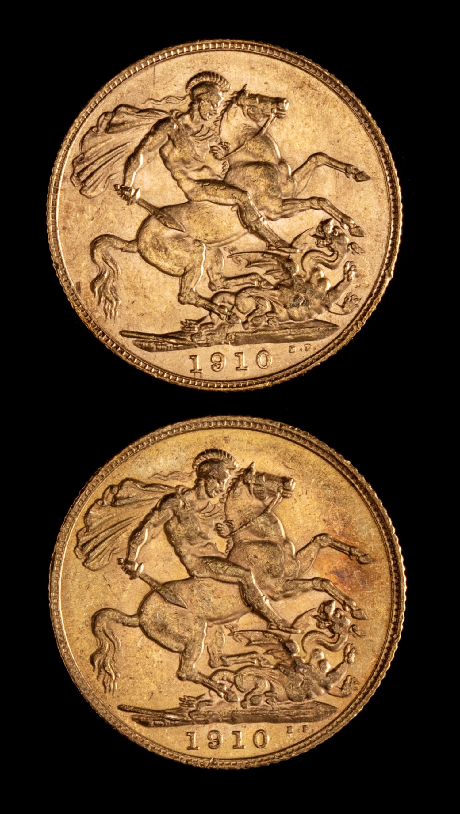 Two United Kingdom 1910 Sovereign: Edward VII Gold Coin