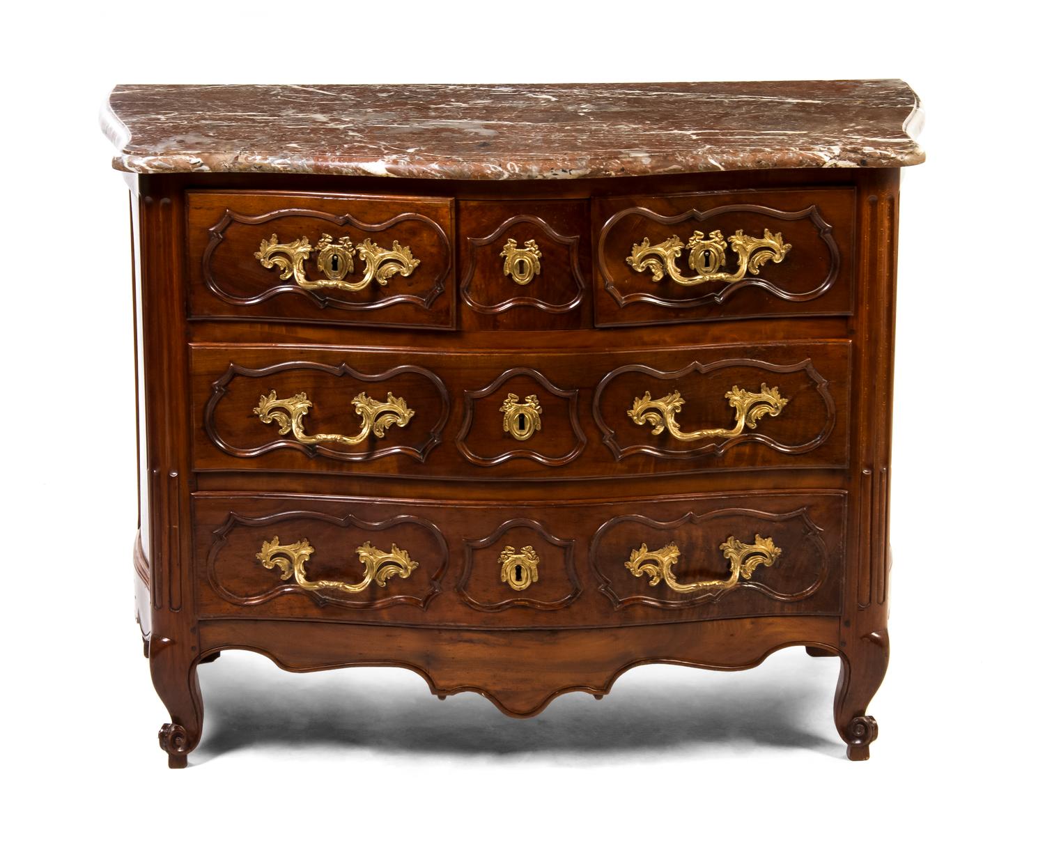 A Louis XV Style Gilt Bronze Mounted Walnut Commode, Height 33 1/4 x width 45 x depth 22 3/4 inches.