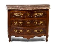 A Louis XV Style Gilt Bronze Mounted Walnut Commode, Height 33 1/4 x width 45 x depth 22 3/4 inches.