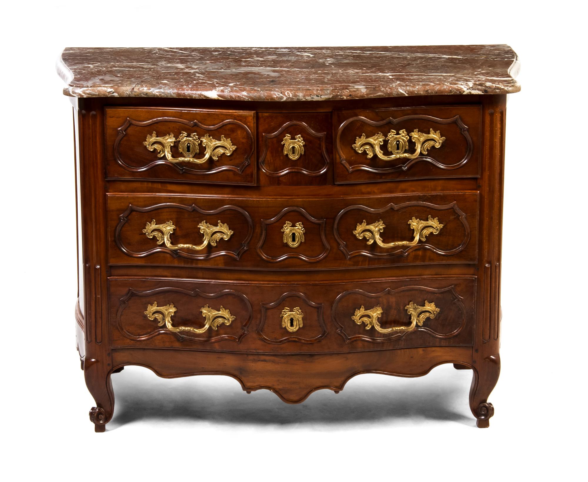 A Louis XV Style Gilt Bronze Mounted Walnut Commode, Height 33 1/4 x width 45 x depth 22 3/4 inches.