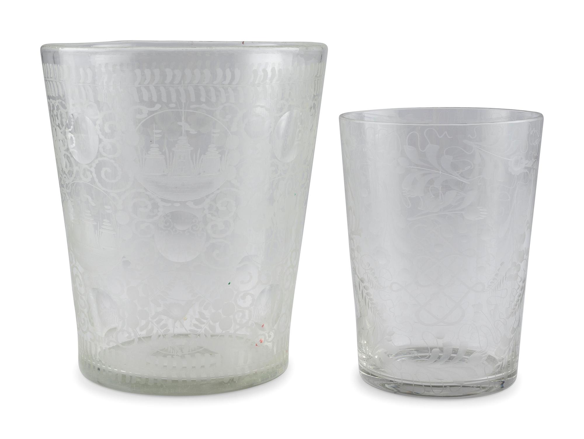 Two Blown and Etched Glass Beakers