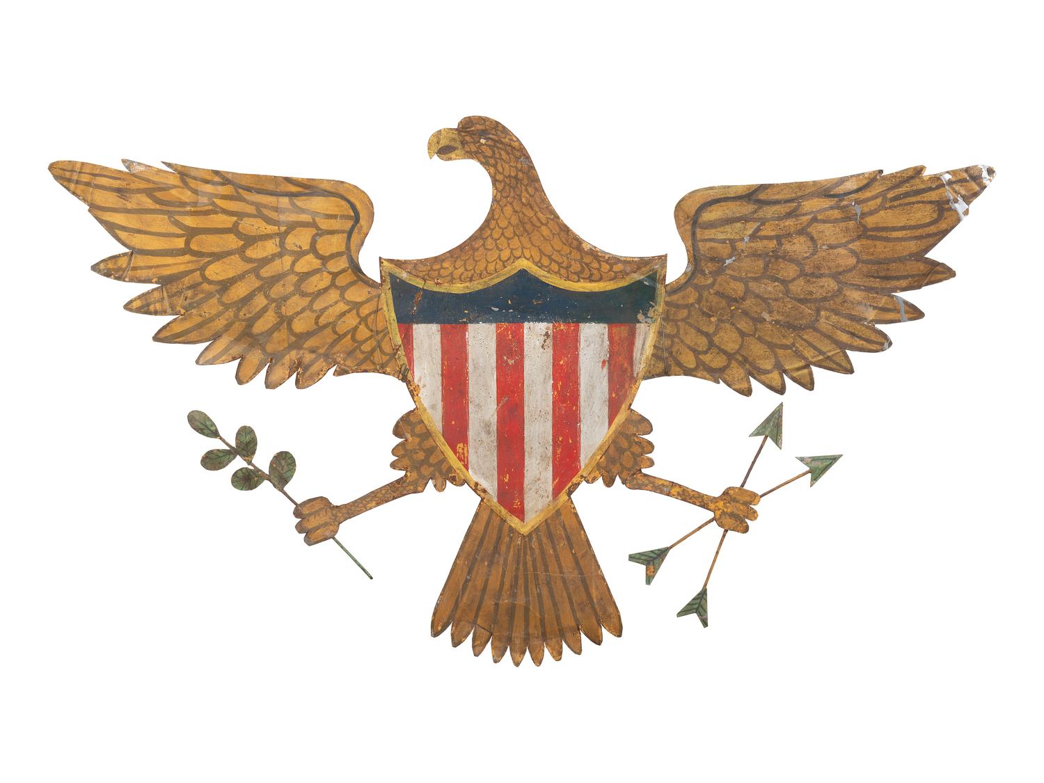 A Large Polychrome Painted Sheet Metal Eagle Crest, 19th Century