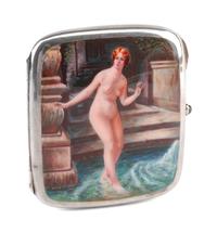A Continental Enameled Silver Cigarette Case, Likely German, Late 19th/Early 20th Century, the lid enameled to show a bathing nude.