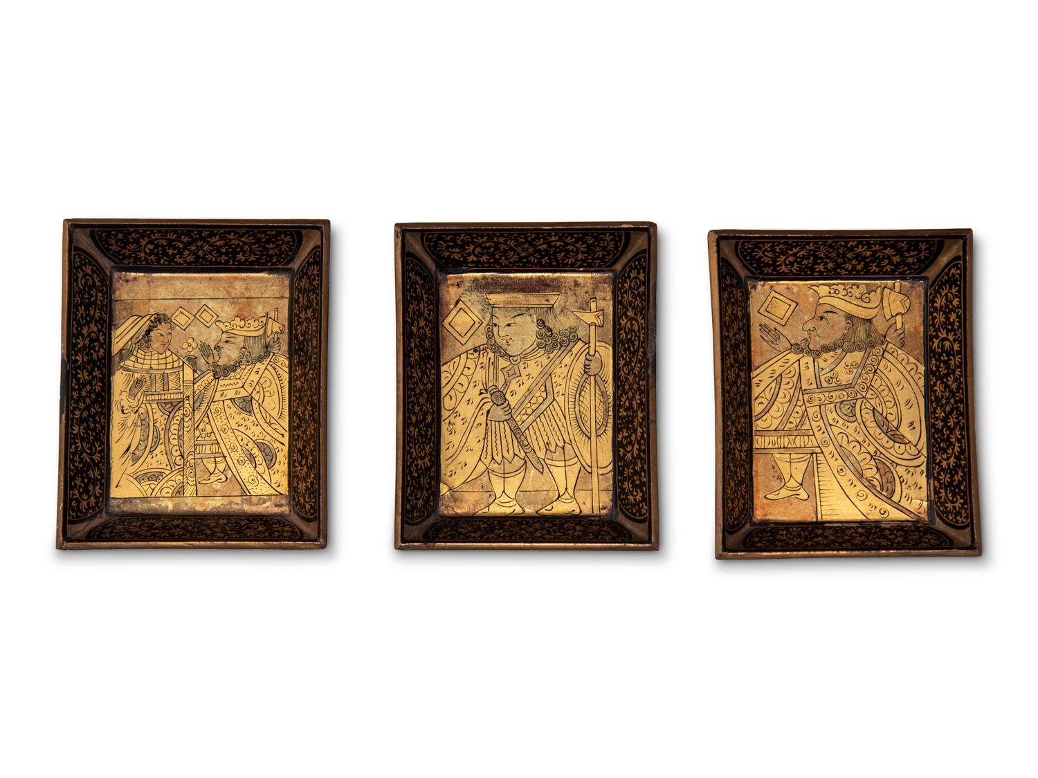 Seven Chinese Export Gilt and Black Lacquered Boxes and Dishes