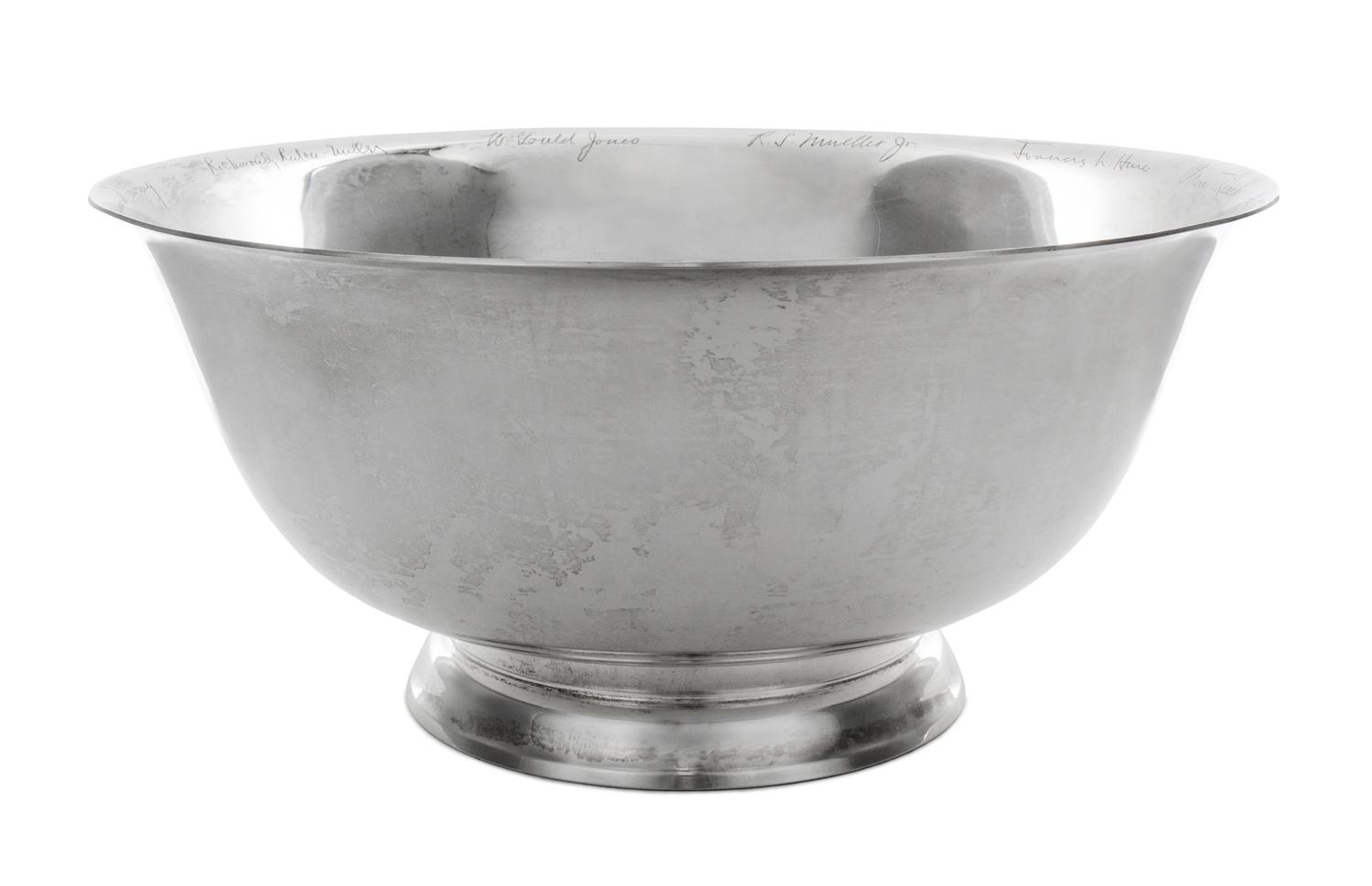 An American Silver "Revere" Punch Bowl, Dominick & Haff, New York, NY, of circular footed form, engraved with names around the upper in