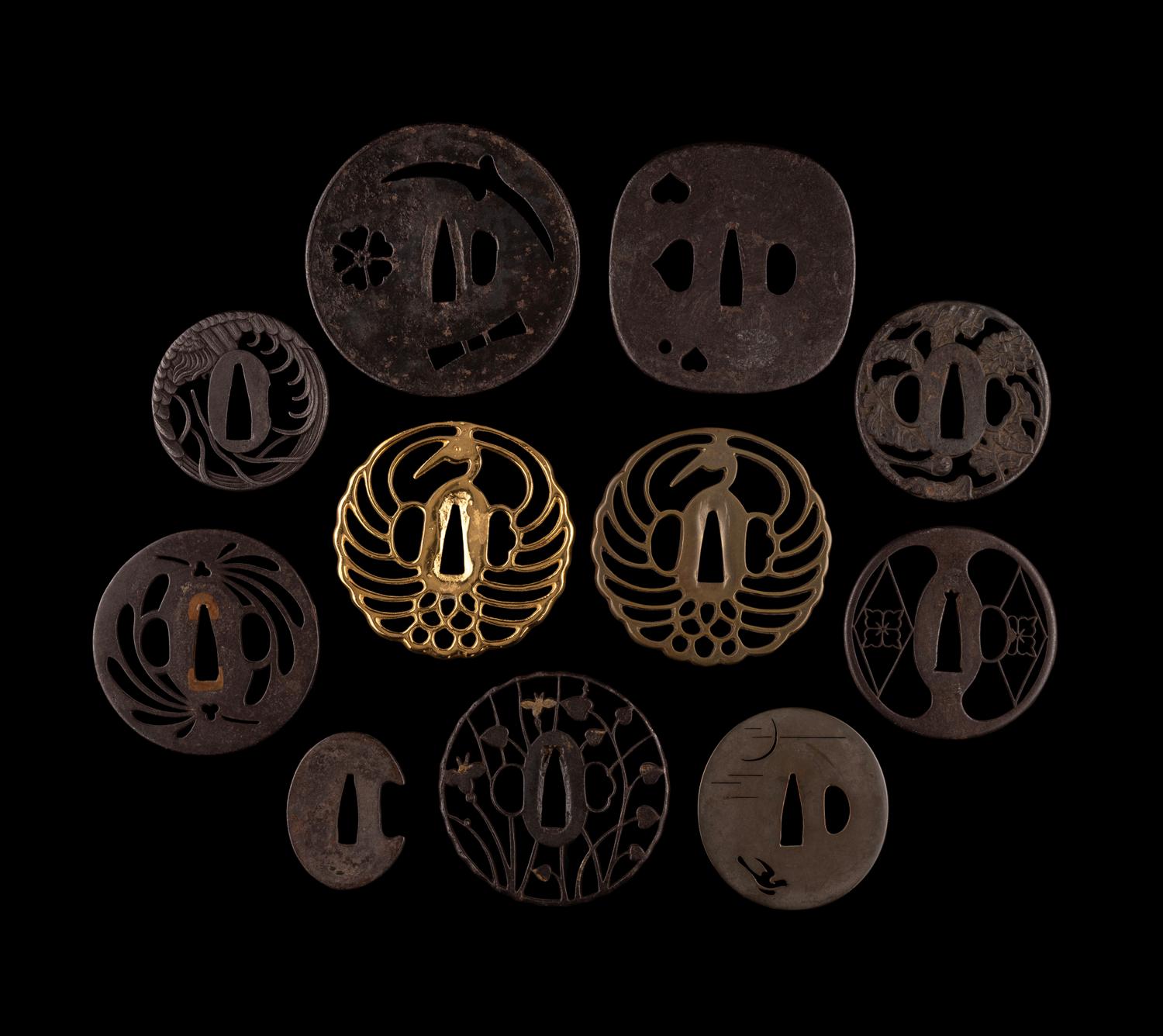 11 Japanese Cast Iron and Brass Tsuba