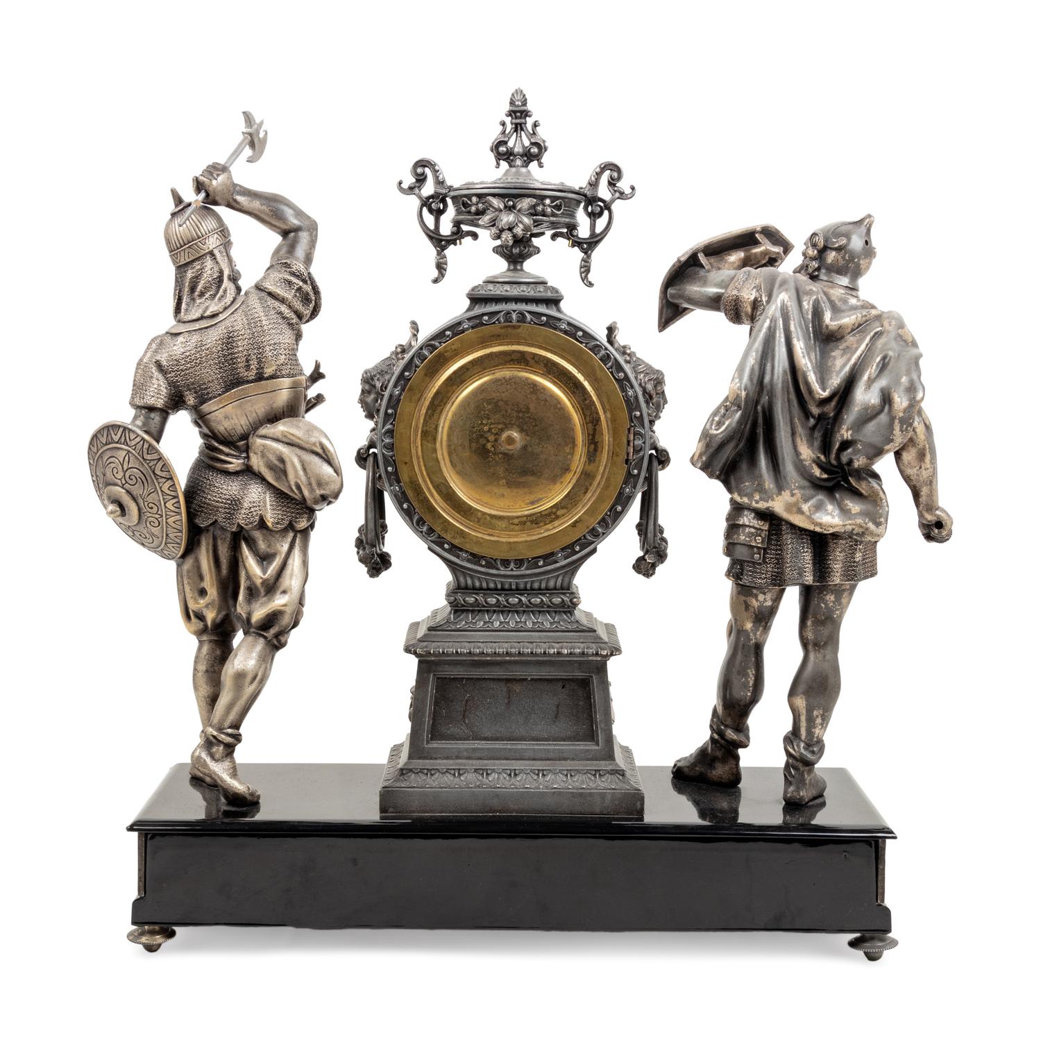 An Ansonia Combatants Patinated Metal Mantel Clock