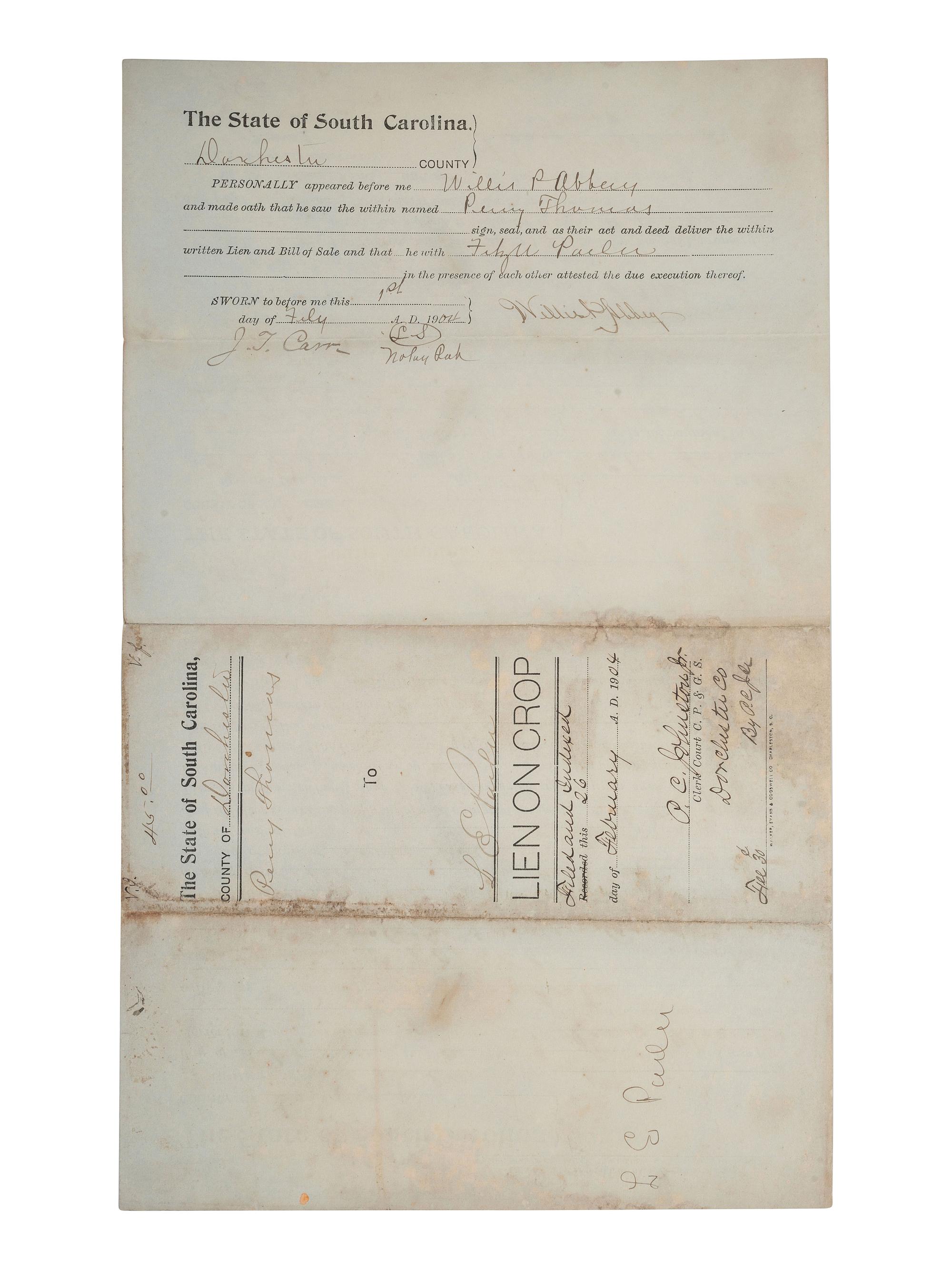 [RECONSTRUCTION]. A pair of crop liens for South Carolina farmers. 1874, 1904.