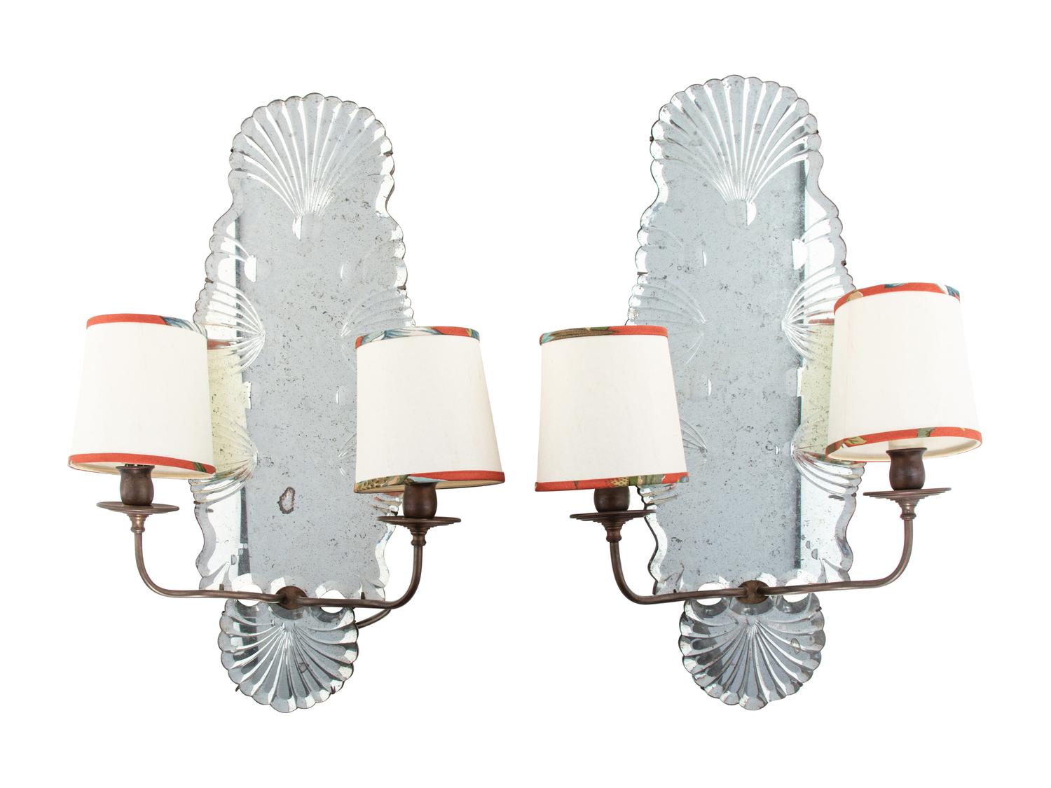 A Pair of Venetian Style Two-Light Mirrored Sconces