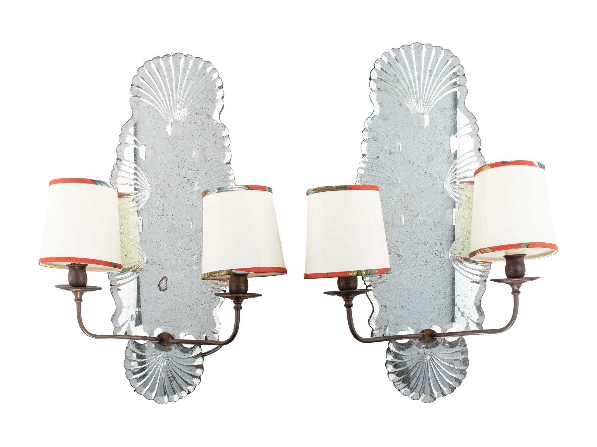 A Pair of Venetian Style Two-Light Mirrored Sconces