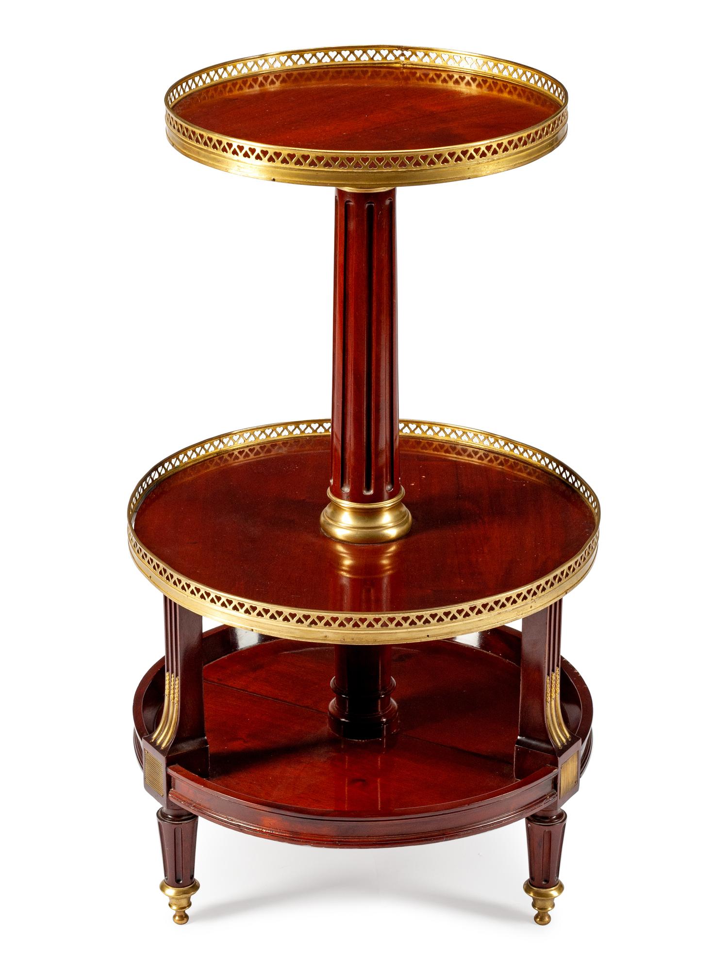 A Louis XVI Style Gilt-Bronze-Mounted Mahogany Three-Tier Dessert Table